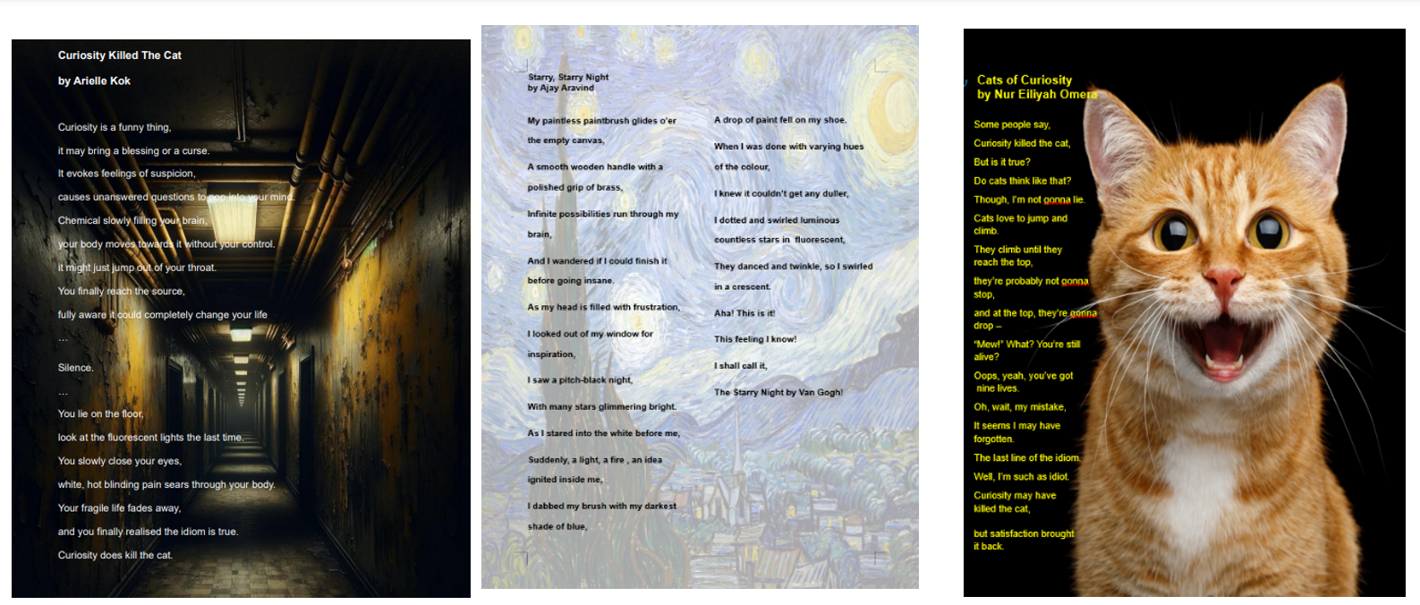 Three poetry panels: a dark hallway, Van Gogh's Starry Night, and a wide-eyed orange cat, each overlaid with a poem about curiosity.