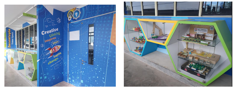 Two photos: a blue mural wall with "Creative thinking inspires ideas" and a hexagonal display case with small models on shelves.