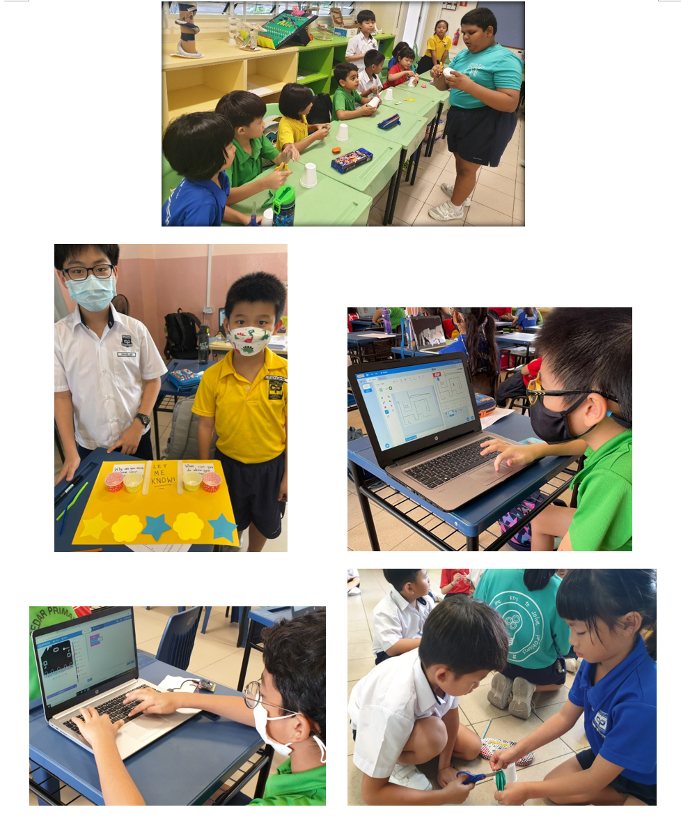 Students in school uniforms doing hands-on activities, using laptops, and working on projects in a classroom setting.