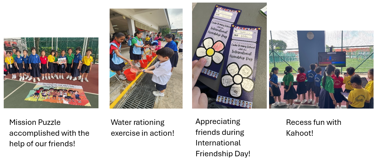 Activity photos showing group puzzle, water exercise, friendship day bookmarks, and students playing Kahoot outdoors.
