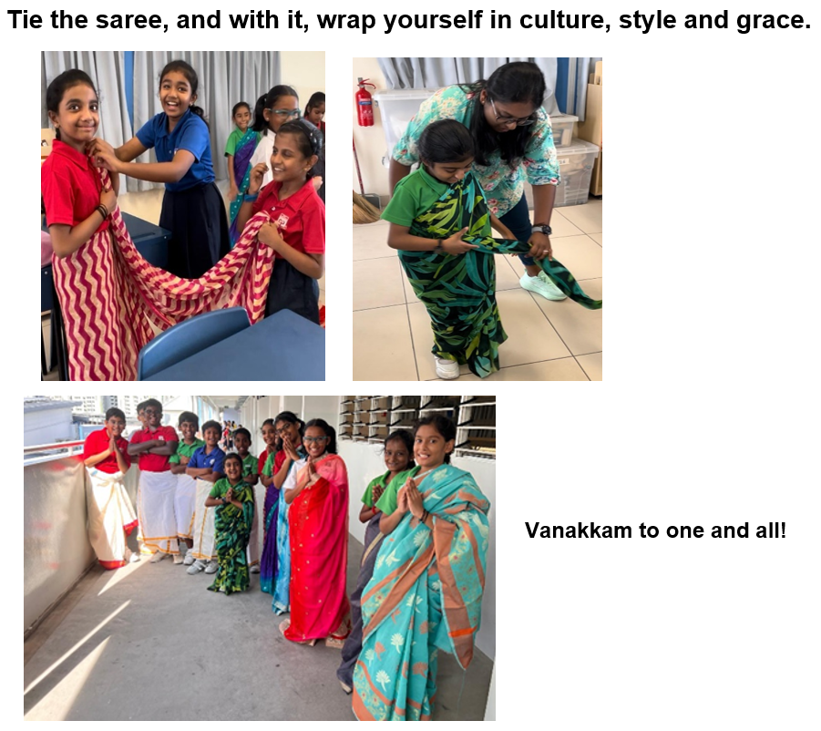 Children learning to drape and wear colorful sarees, with a group posing in traditional Indian attire.