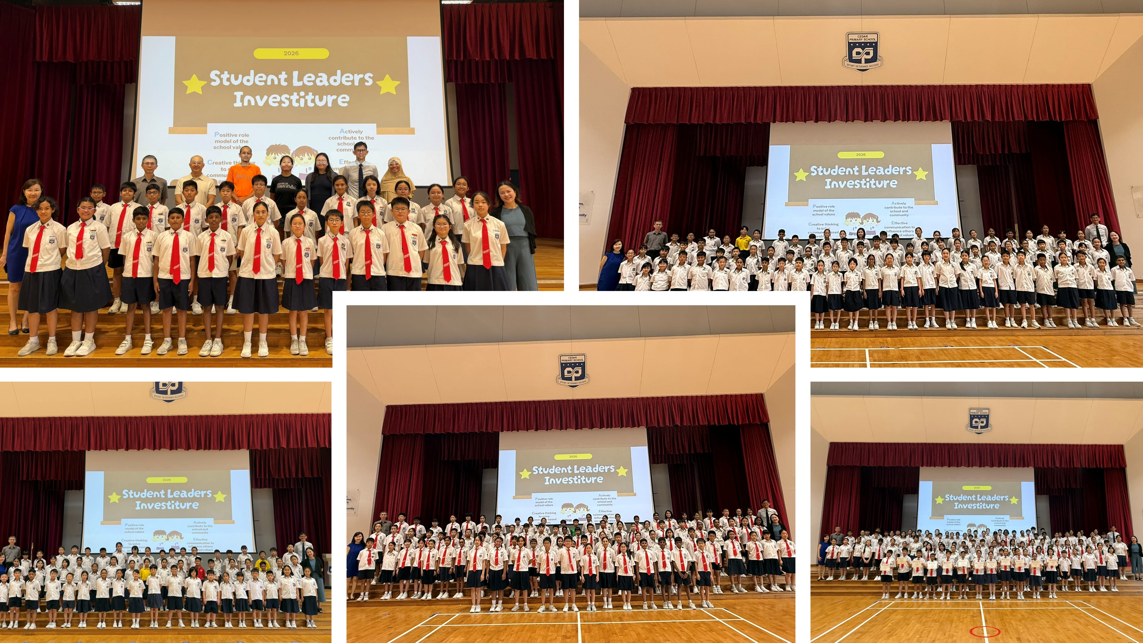Students and teachers pose in a school hall before a Student Leaders Investiture presentation slide.