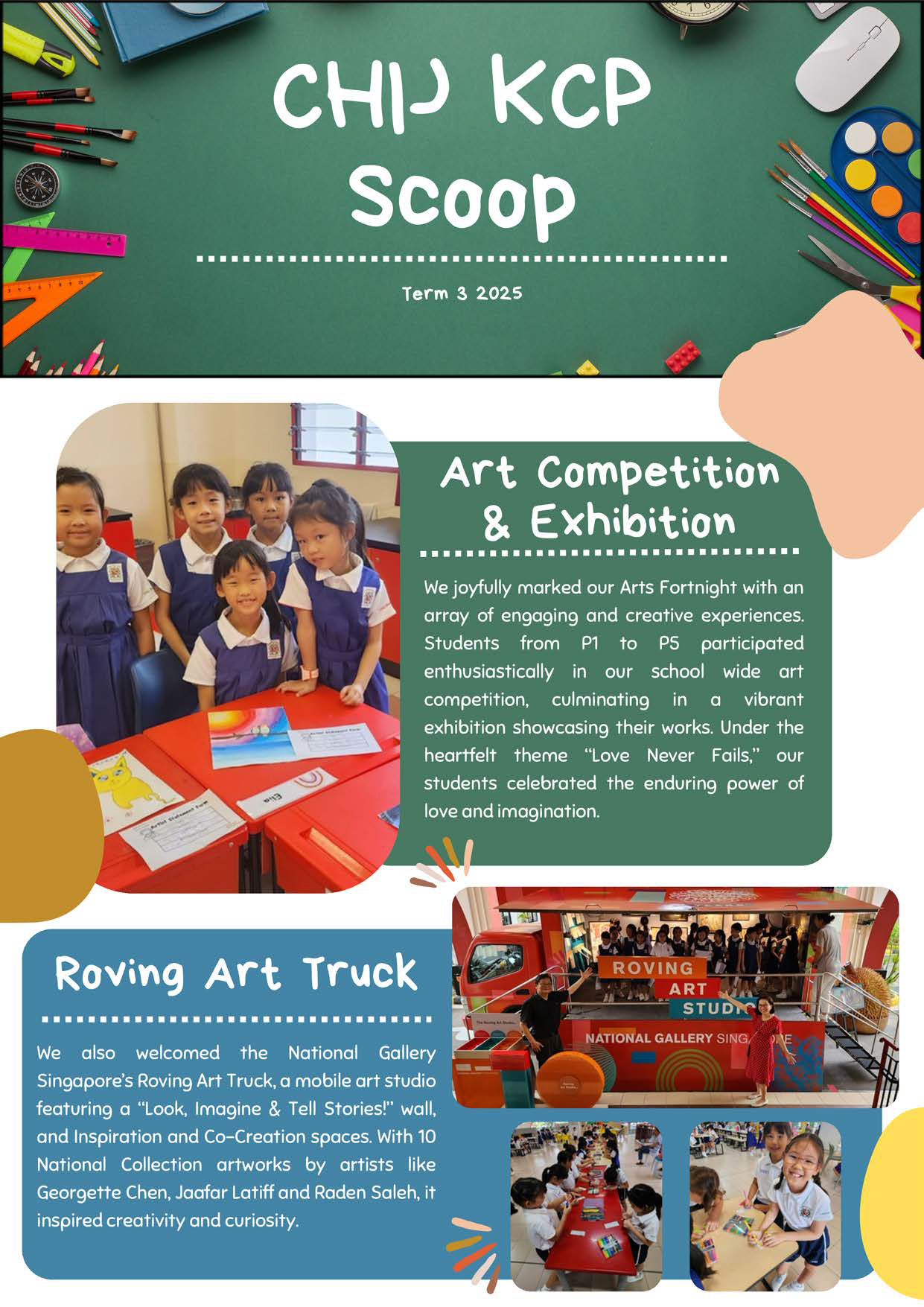 School newsletter titled CHIJ KCP Scoop Term 3 2025 featuring students at an art exhibition and a Roving Art Truck.