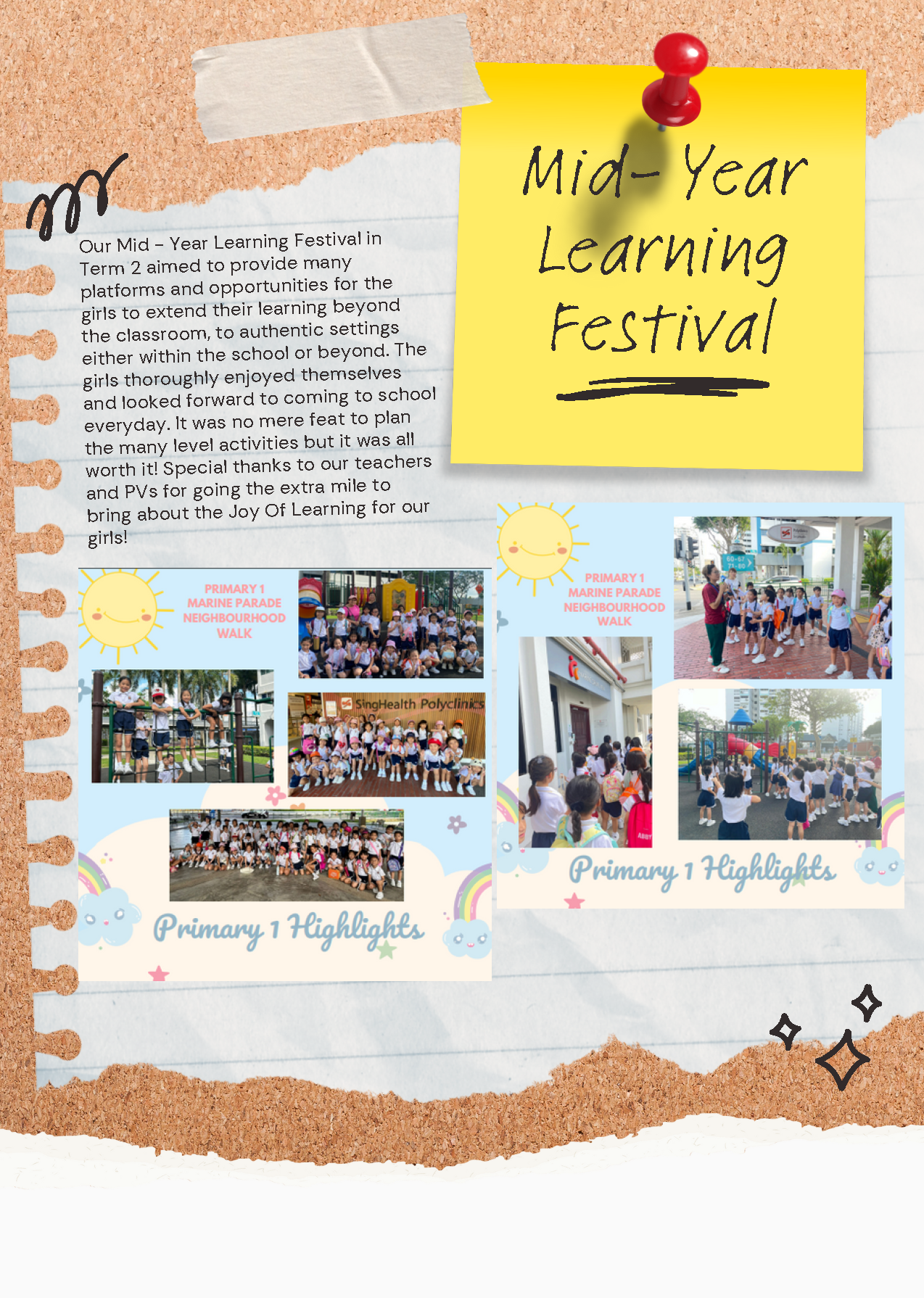 A corkboard display about a Mid-Year Learning Festival showing Primary 1 girls on a Marine Parade neighbourhood walk.