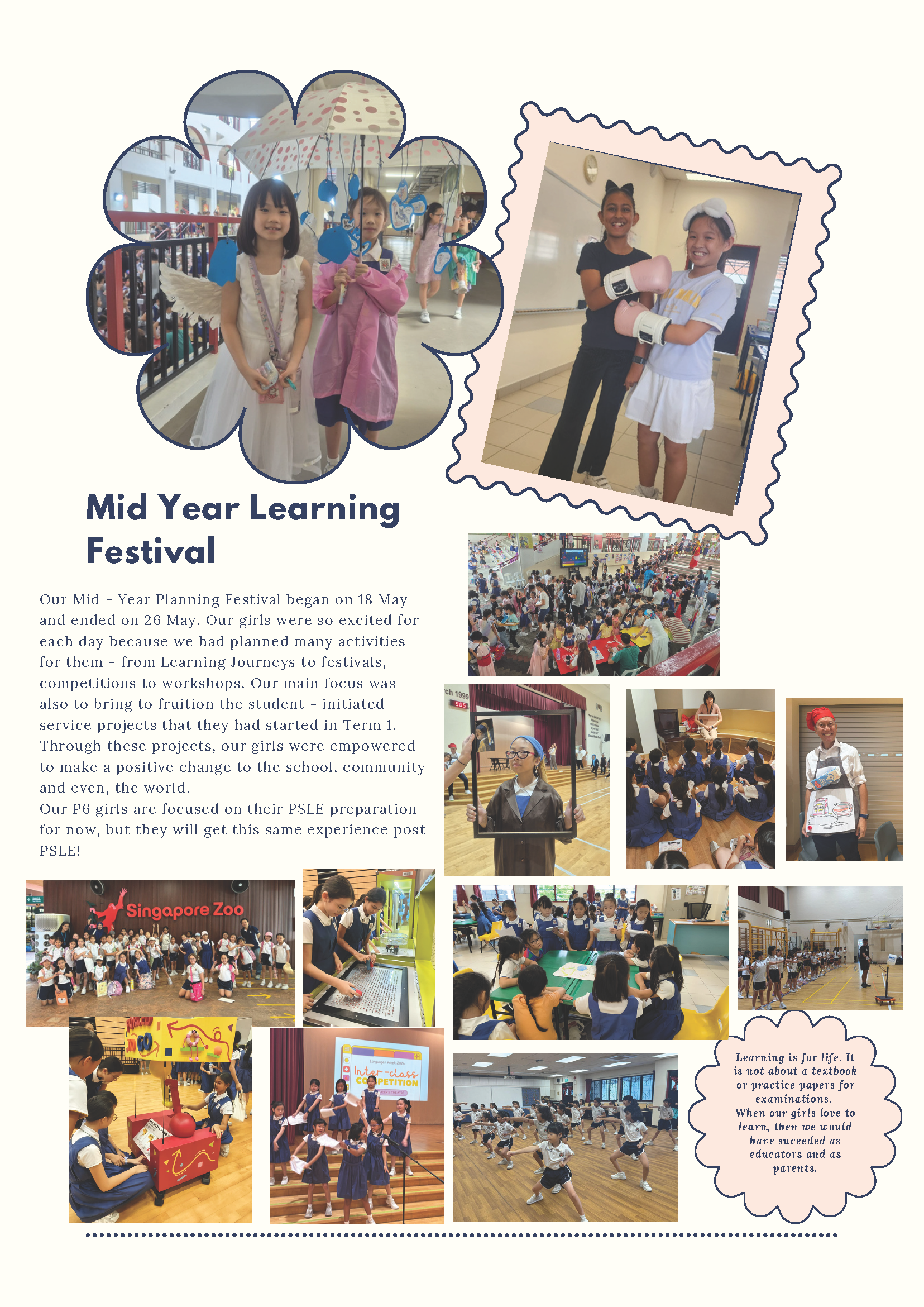 School newsletter page showing girls at a Mid Year Learning Festival with activities, costumes, and group photos.