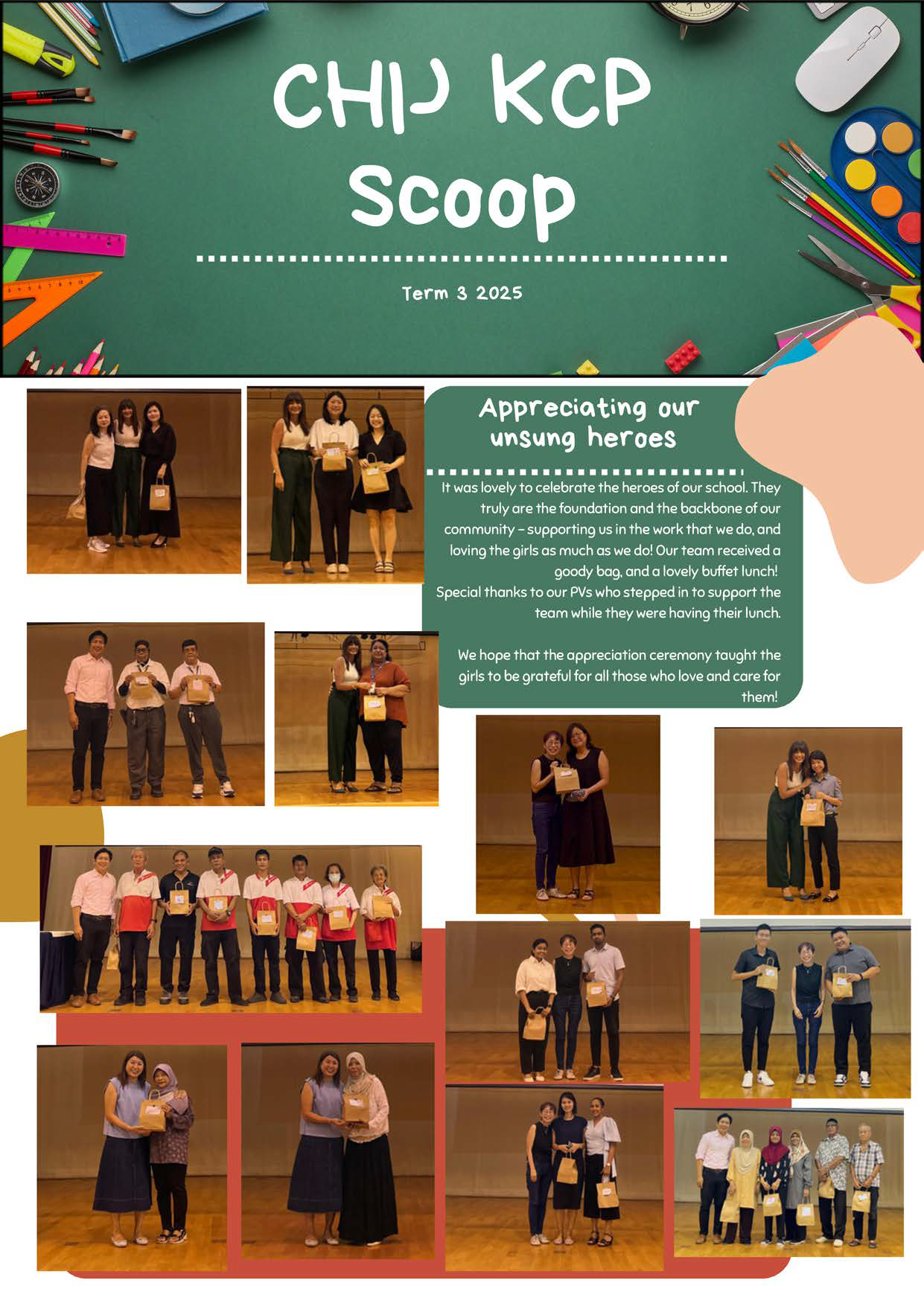 CHIJ KCP Scoop newsletter for Term 3 2025 featuring photos of staff receiving gift bags at an appreciation ceremony.