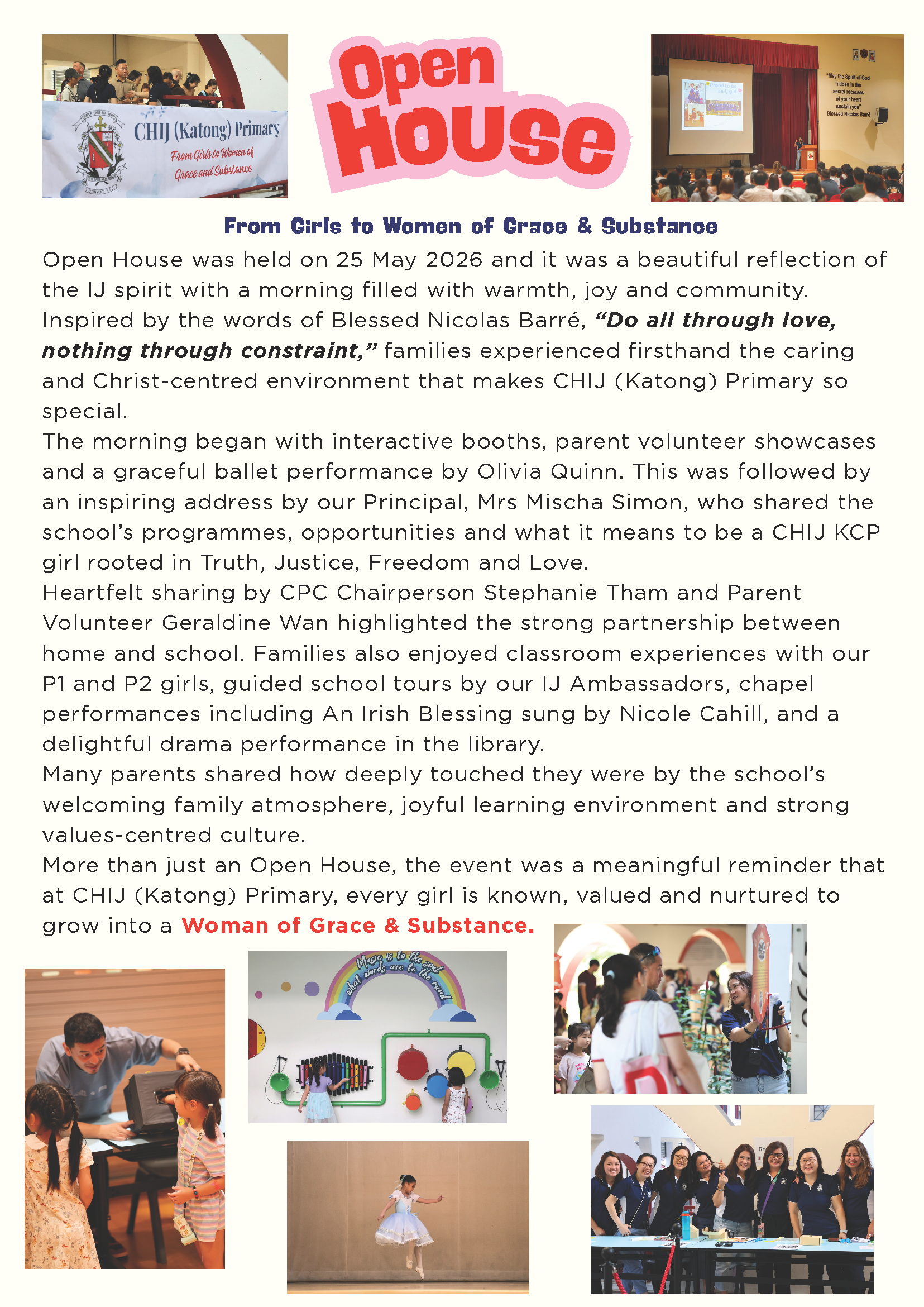 CHIJ Katong Primary Open House flyer with photos of students, a ballet performer, and a group of women smiling.