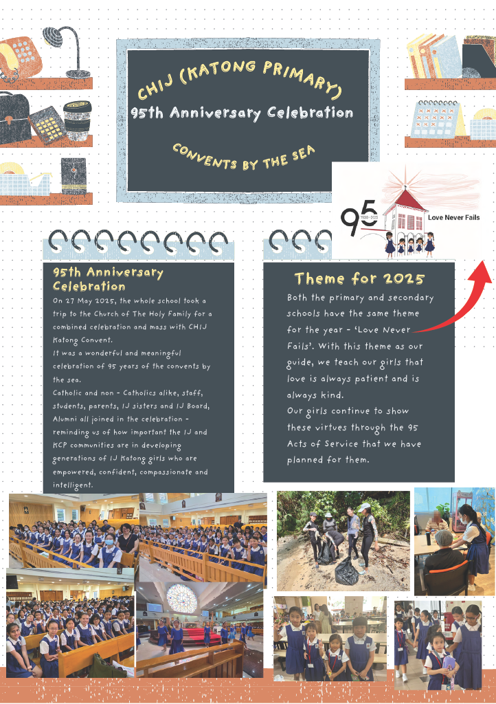 Flyer for CHIJ Katong Primary 95th Anniversary Celebration themed "Convents by the Sea" with photos of students.