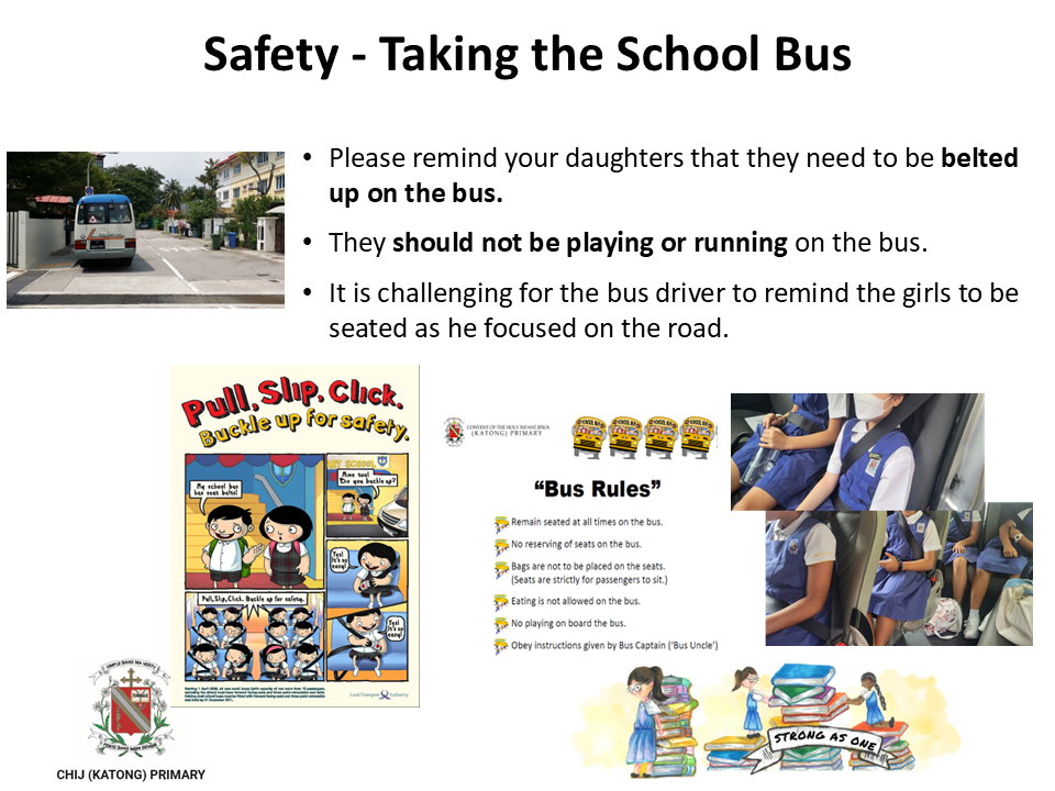 School bus safety slide with rules about seatbelts, bus conduct illustrations, and photos of students seated on a bus.