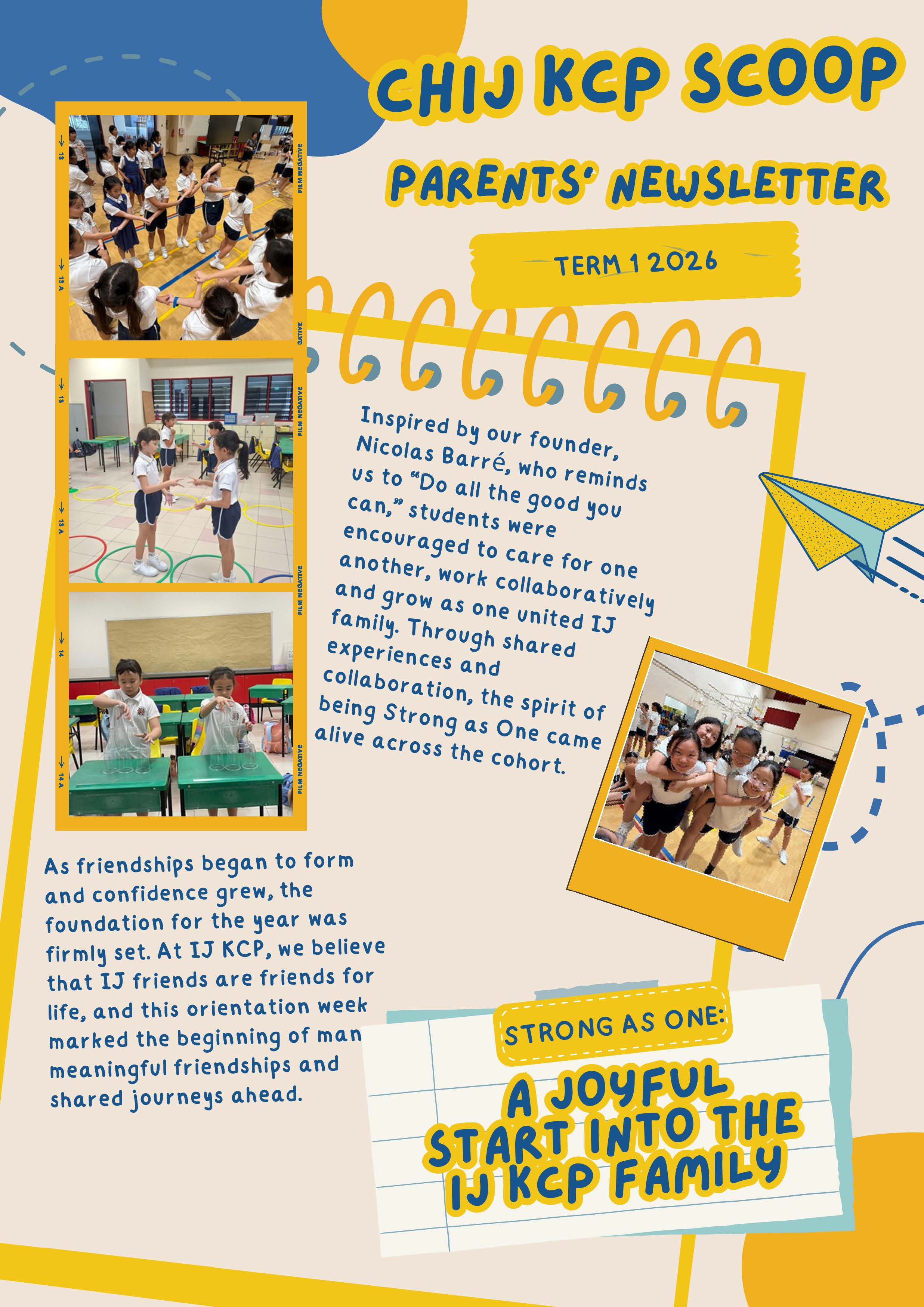 CHIJ KCP Scoop Parents Newsletter for Term 1 2026 with photos of students doing group activities.