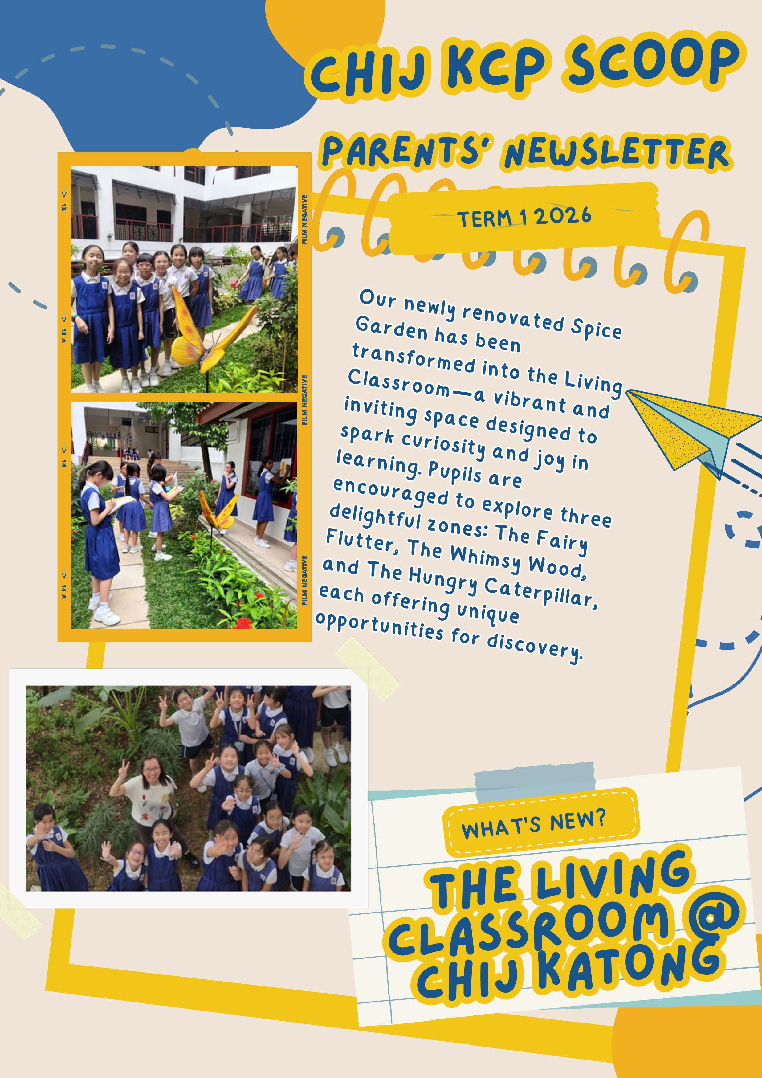 CHIJ KCP Scoop parents newsletter for Term 1 2026 featuring school pupils in blue uniforms outdoors.