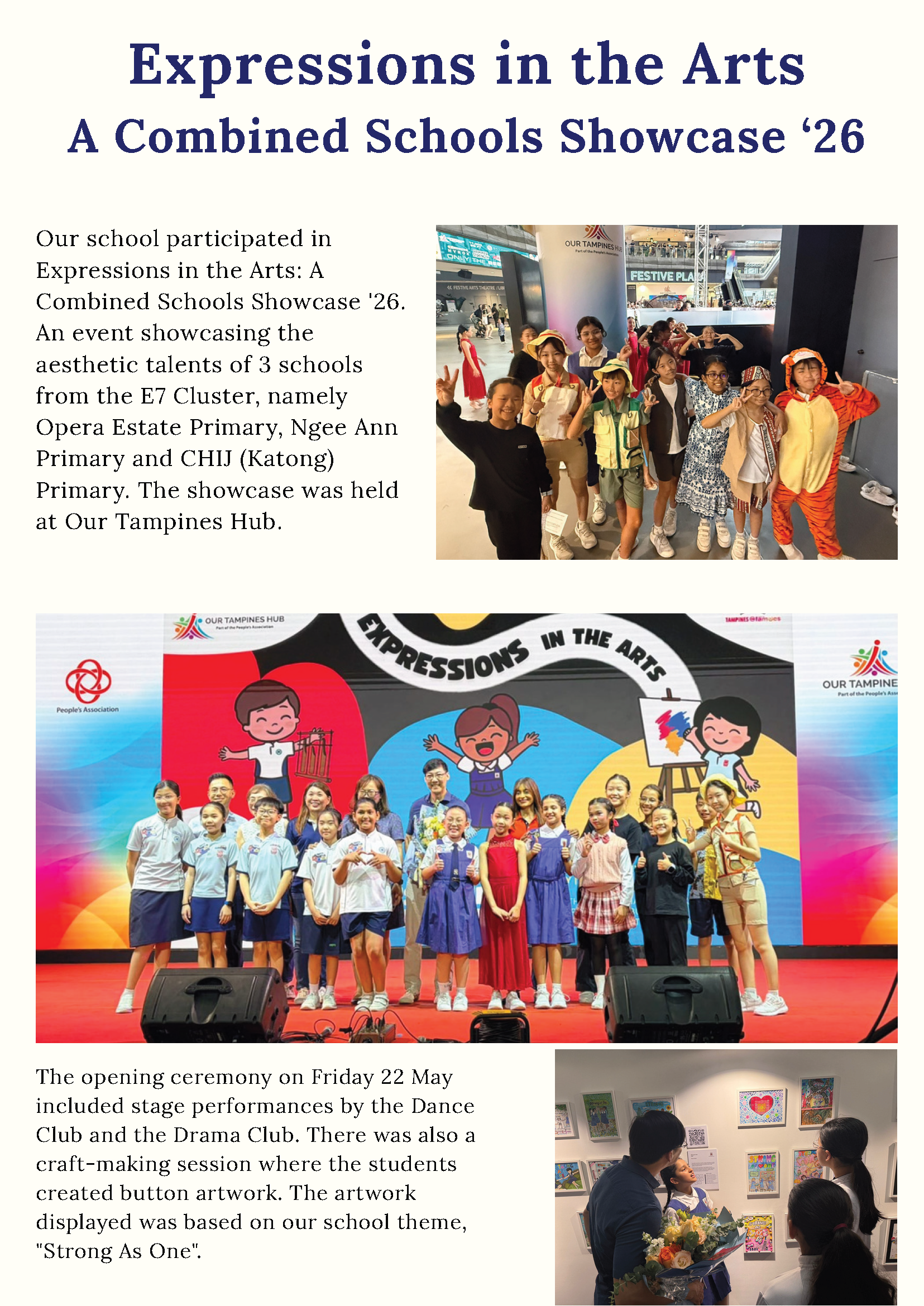 Flyer for Expressions in the Arts Combined Schools Showcase with student group photos on a colorful stage.