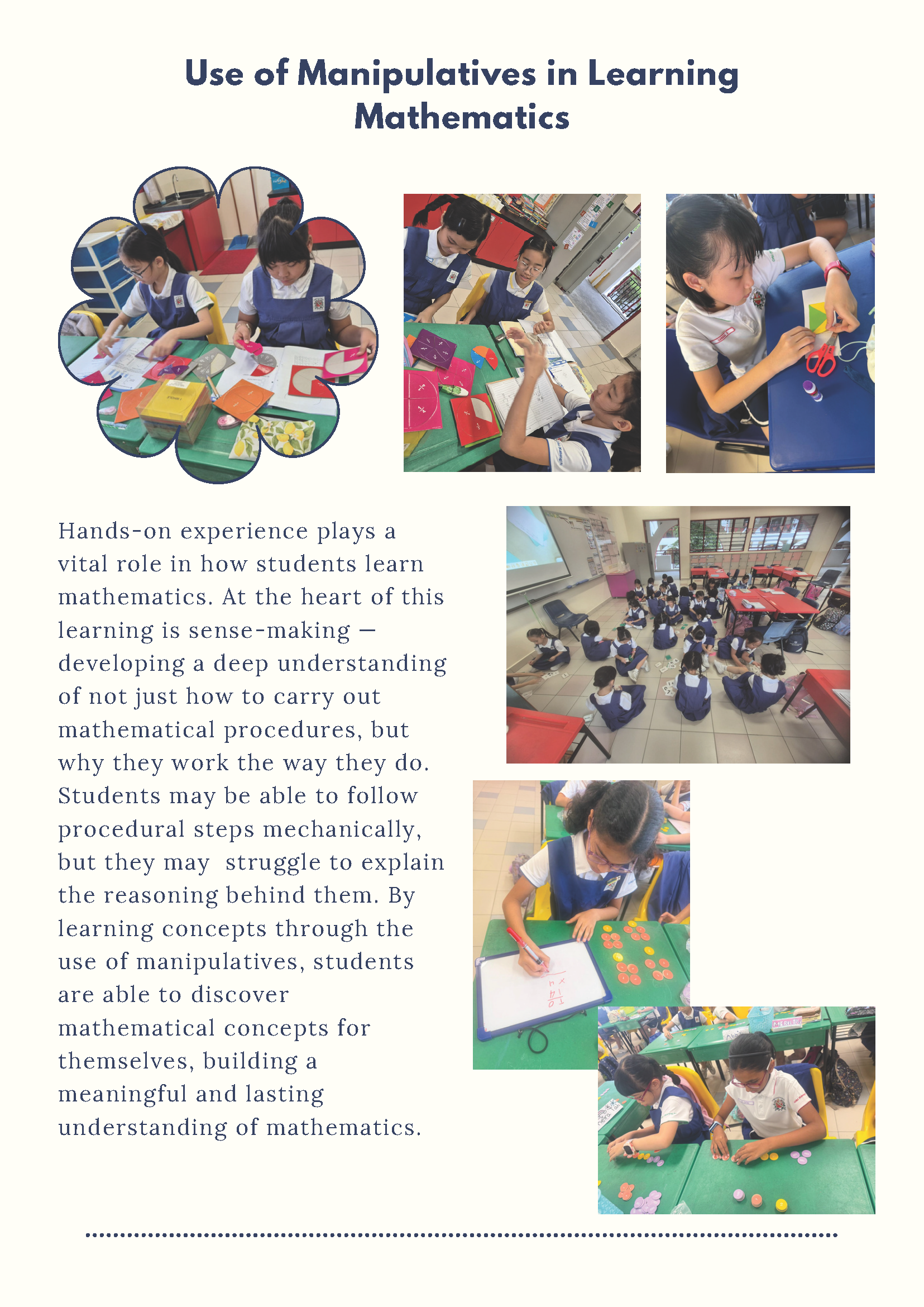 Students in school uniforms use colorful math manipulatives and hands-on materials in classroom activities.
