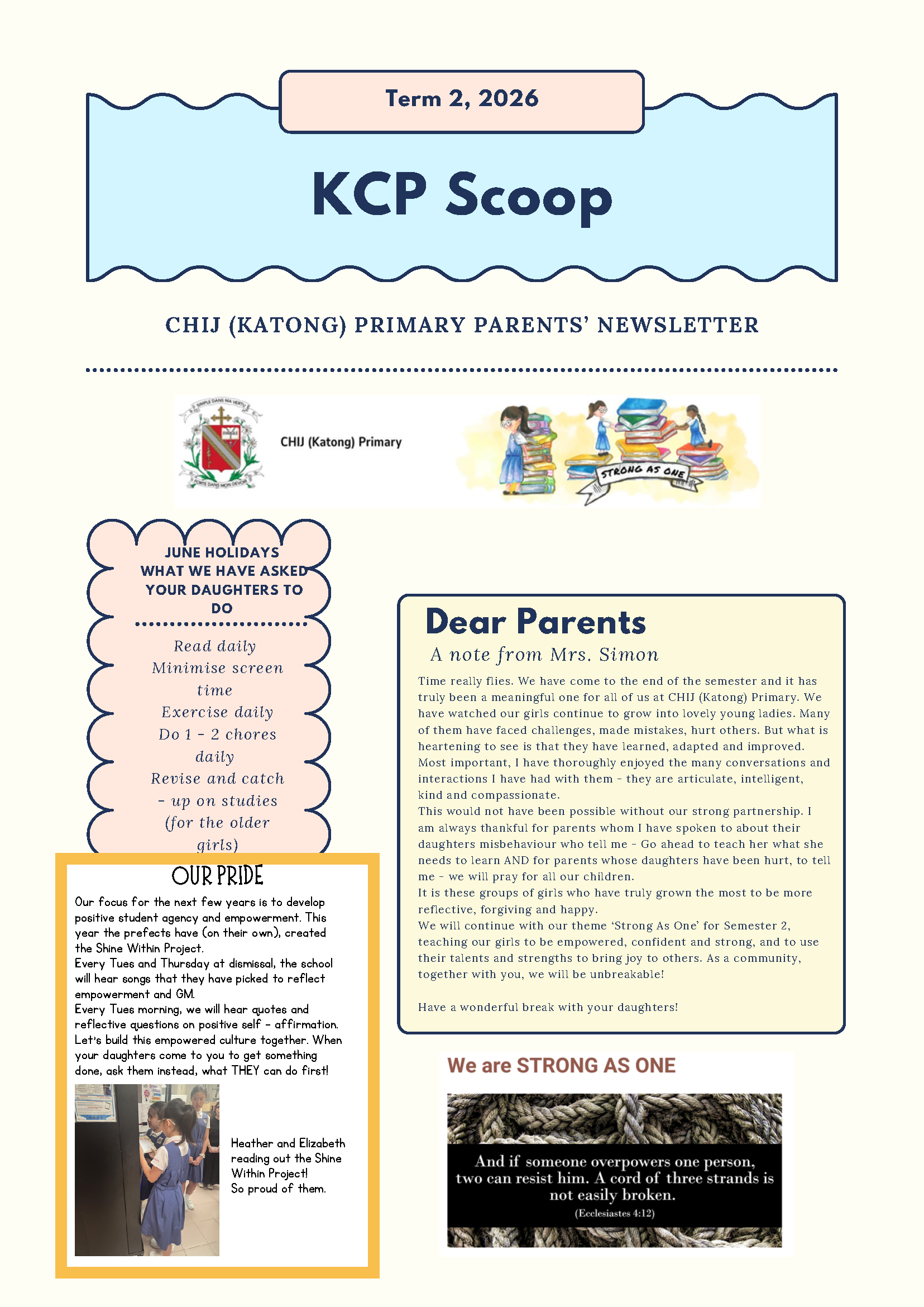 CHIJ Katong Primary school newsletter titled KCP Scoop for Term 2, 2026, with text sections and small illustrations.