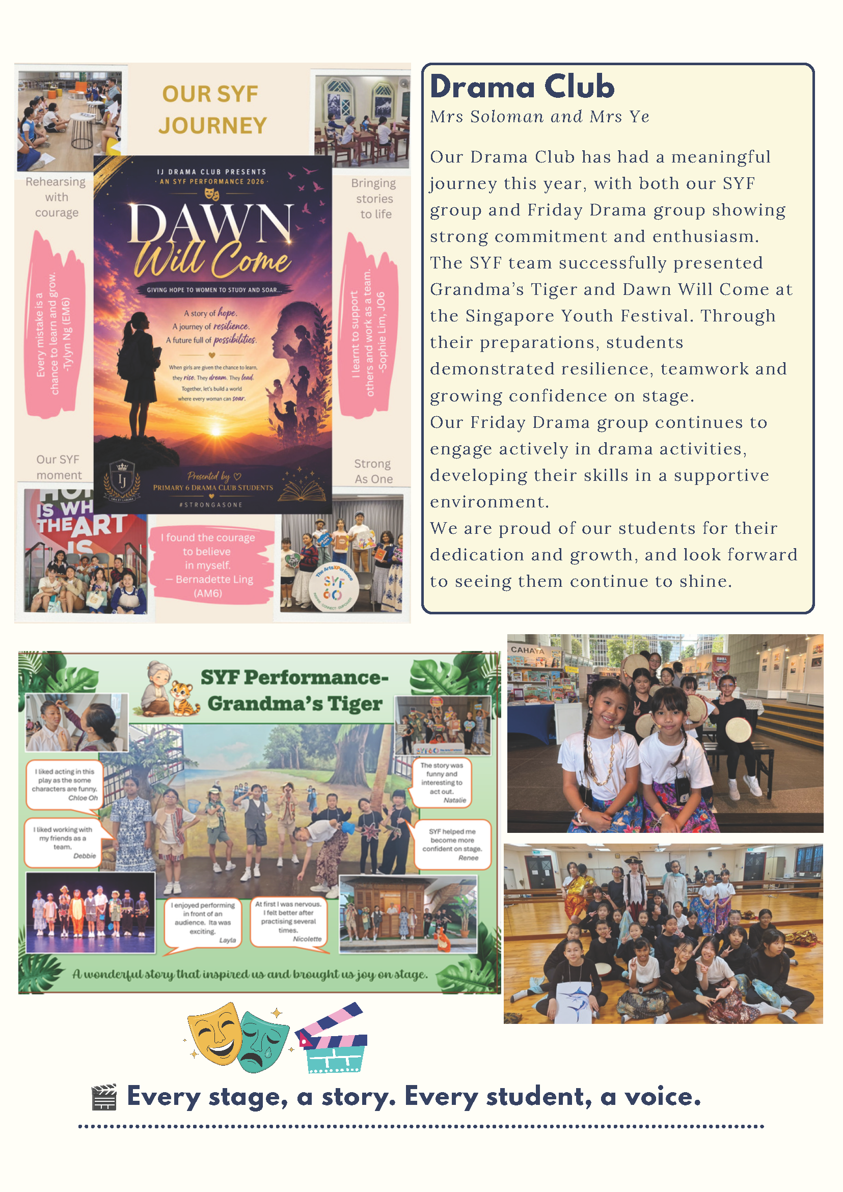 School Drama Club newsletter showing SYF journey, student photos, and performances of Dawn Will Come and Grandma's Tiger.