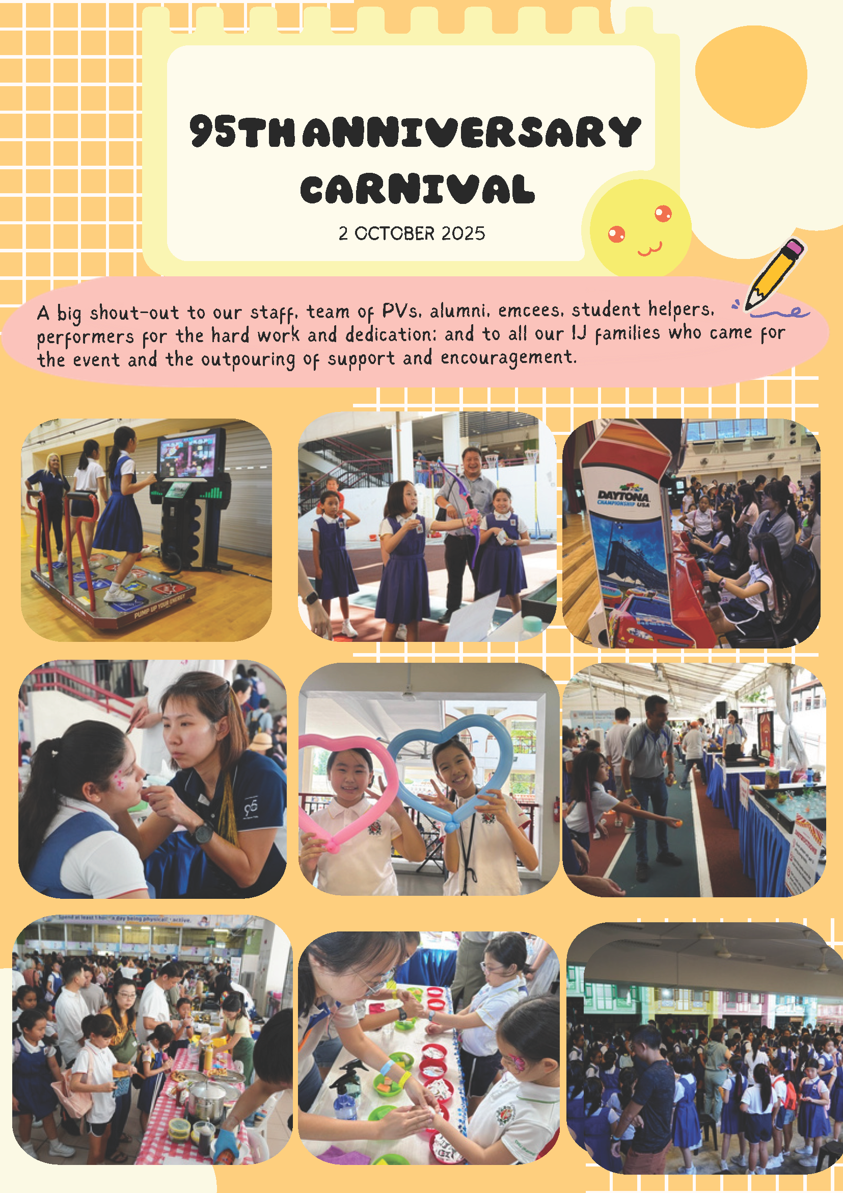 Flyer for a school's 95th Anniversary Carnival on 2 October 2025, with photos of children at games, face painting, and activities.