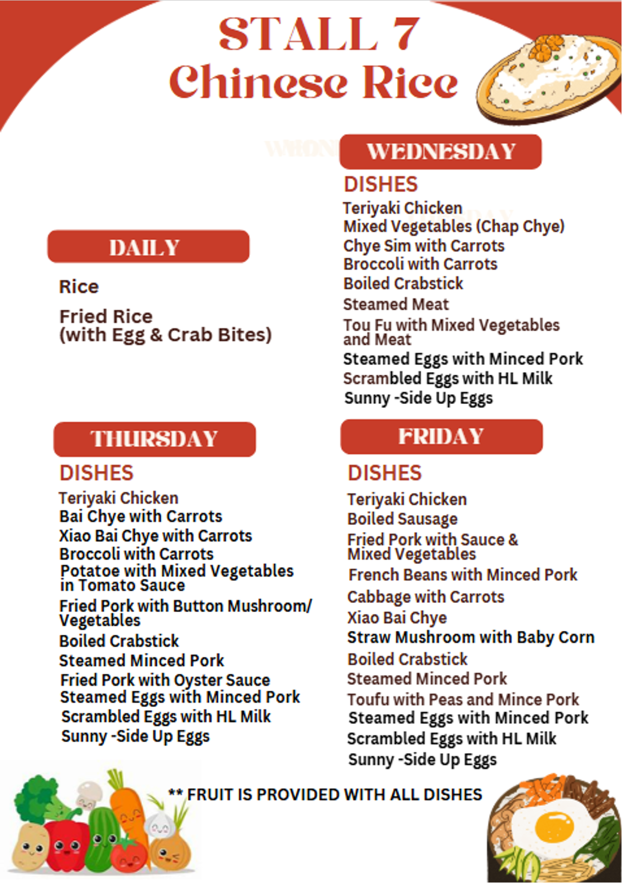Menu for Stall 7 Chinese Rice listing daily, Wednesday, Thursday, and Friday dishes including rice, vegetables, and proteins.
