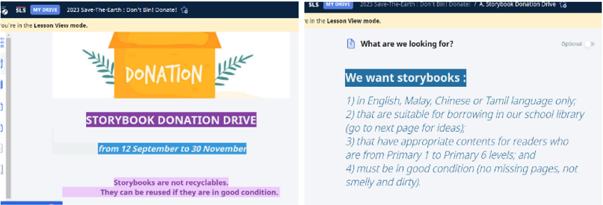 Two SLS lesson screens showing a Storybook Donation Drive poster and criteria for donated storybooks.