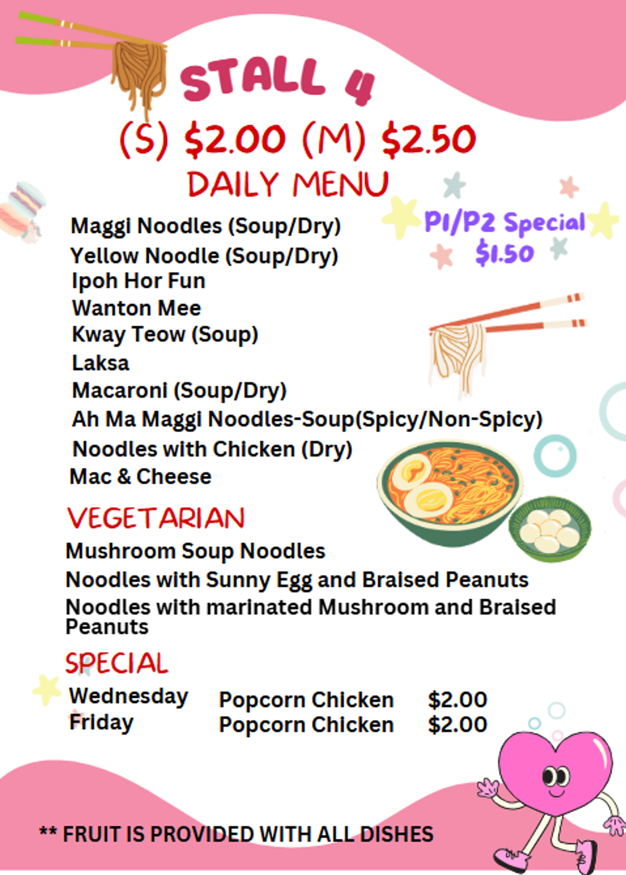Pink daily menu for Stall 4 listing noodle dishes priced at $2.00 to $2.50, with vegetarian and special options.