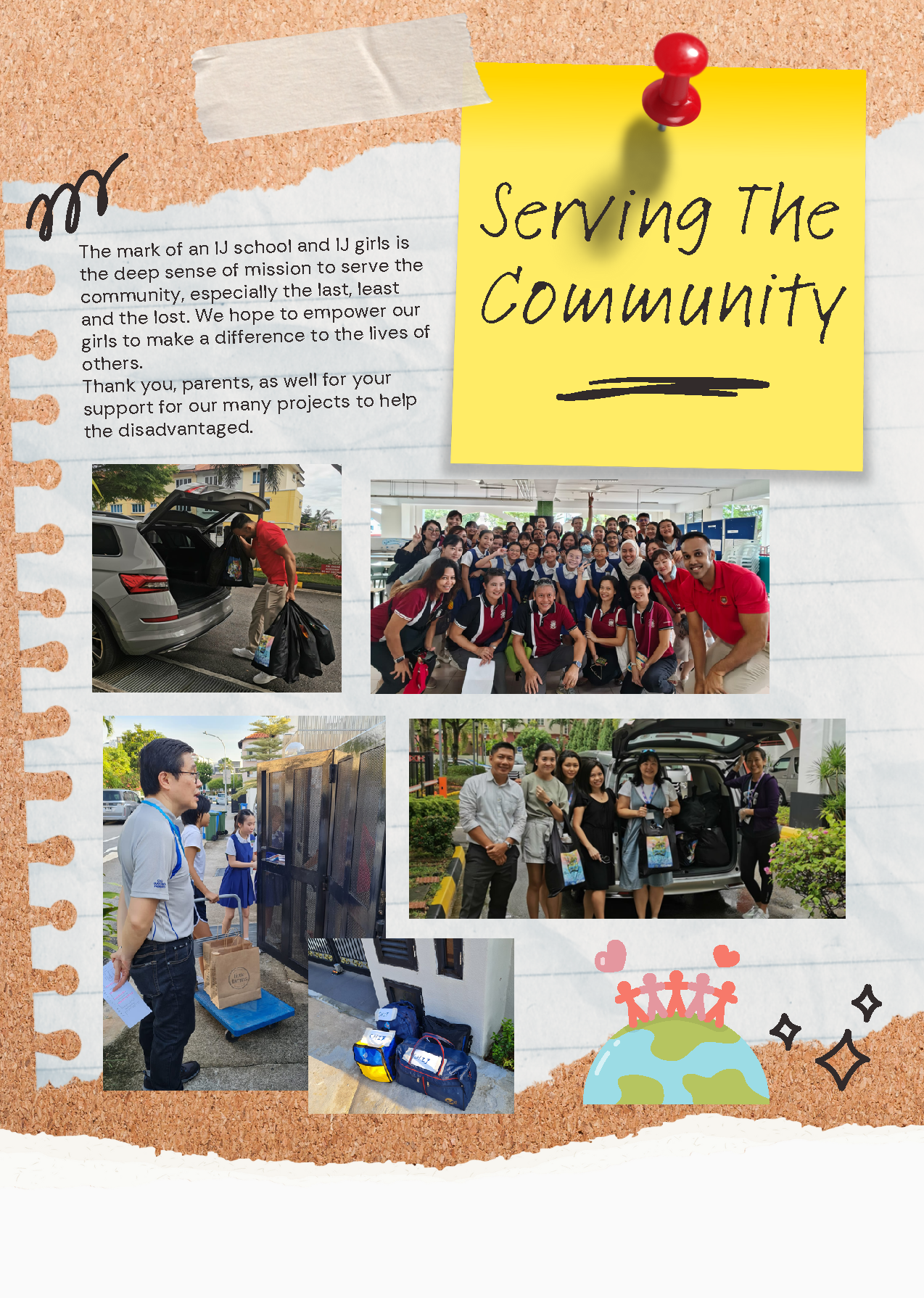 Corkboard collage titled Serving The Community showing students and adults donating goods and posing in group photos.