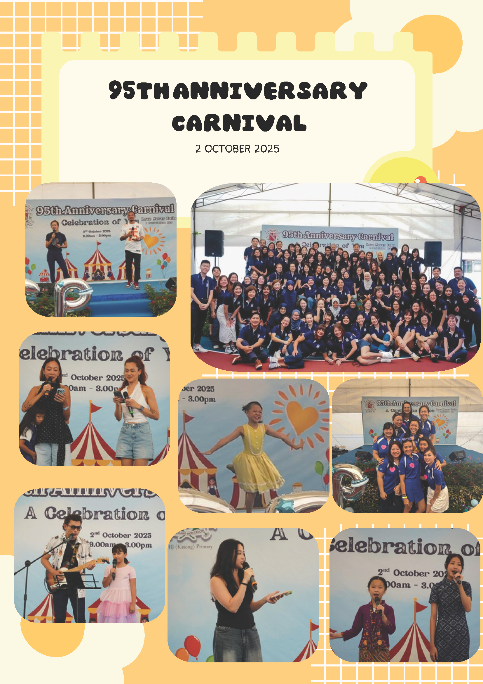 Flyer for a 95th Anniversary Carnival on 2 October 2025, with photos of performers and a large group in blue uniforms.