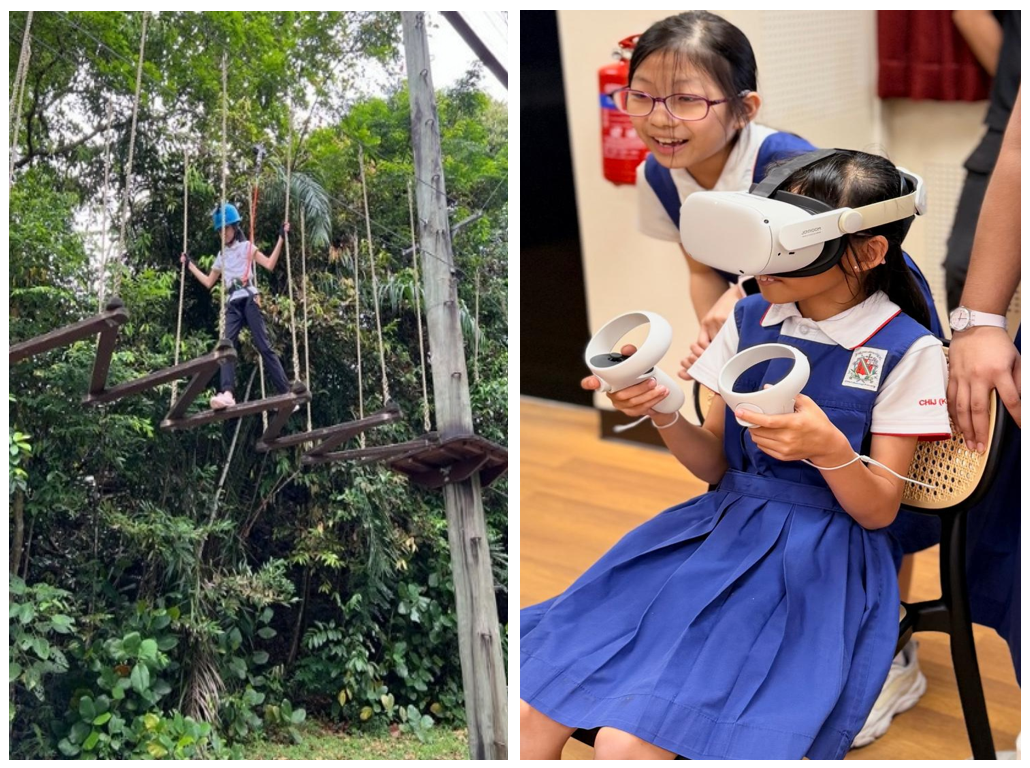 Two school girls, one on a high ropes course with a helmet, another wearing a VR headset with controllers.