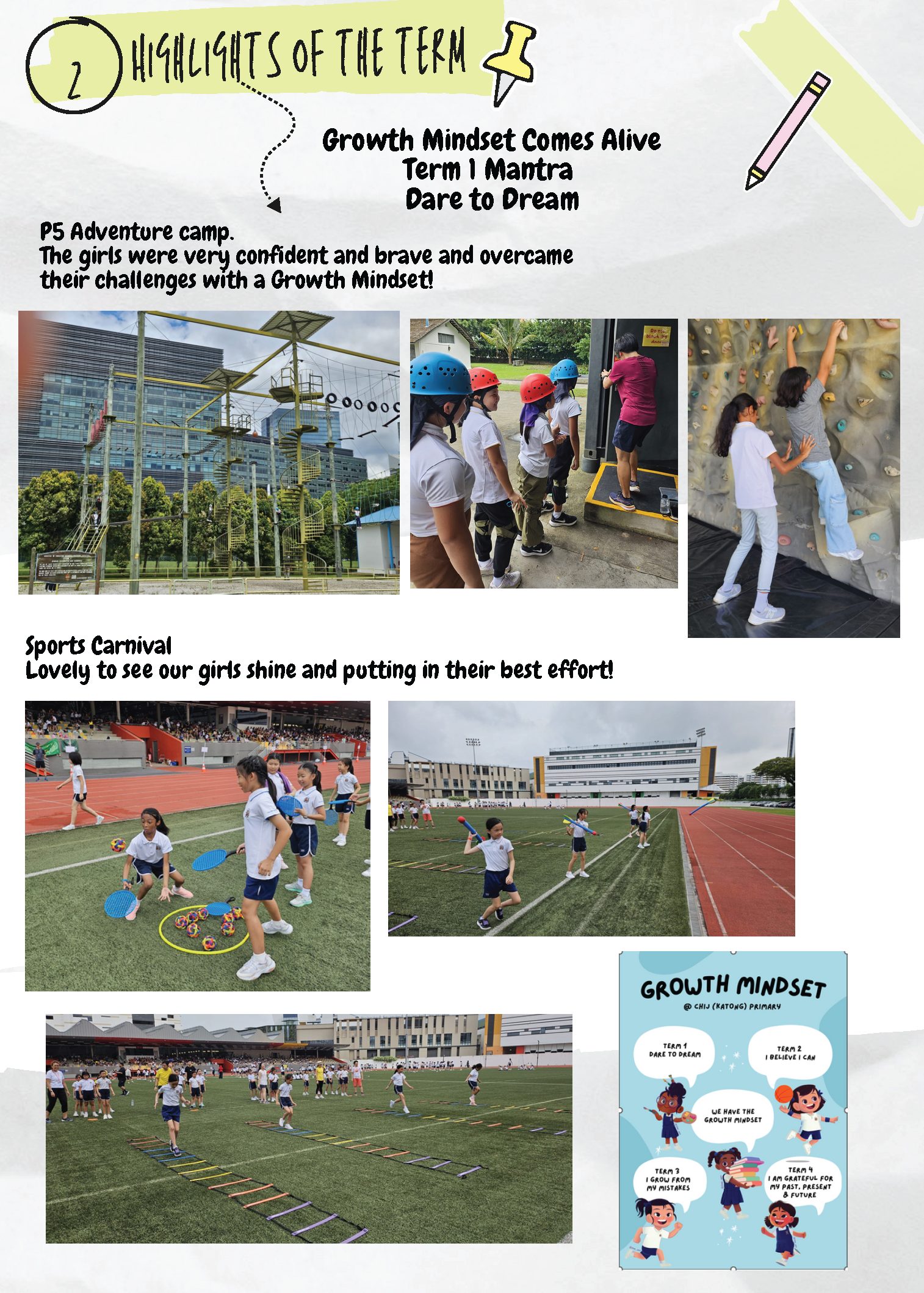 School newsletter showing P5 adventure camp climbing activities and sports carnival events with students on a field.