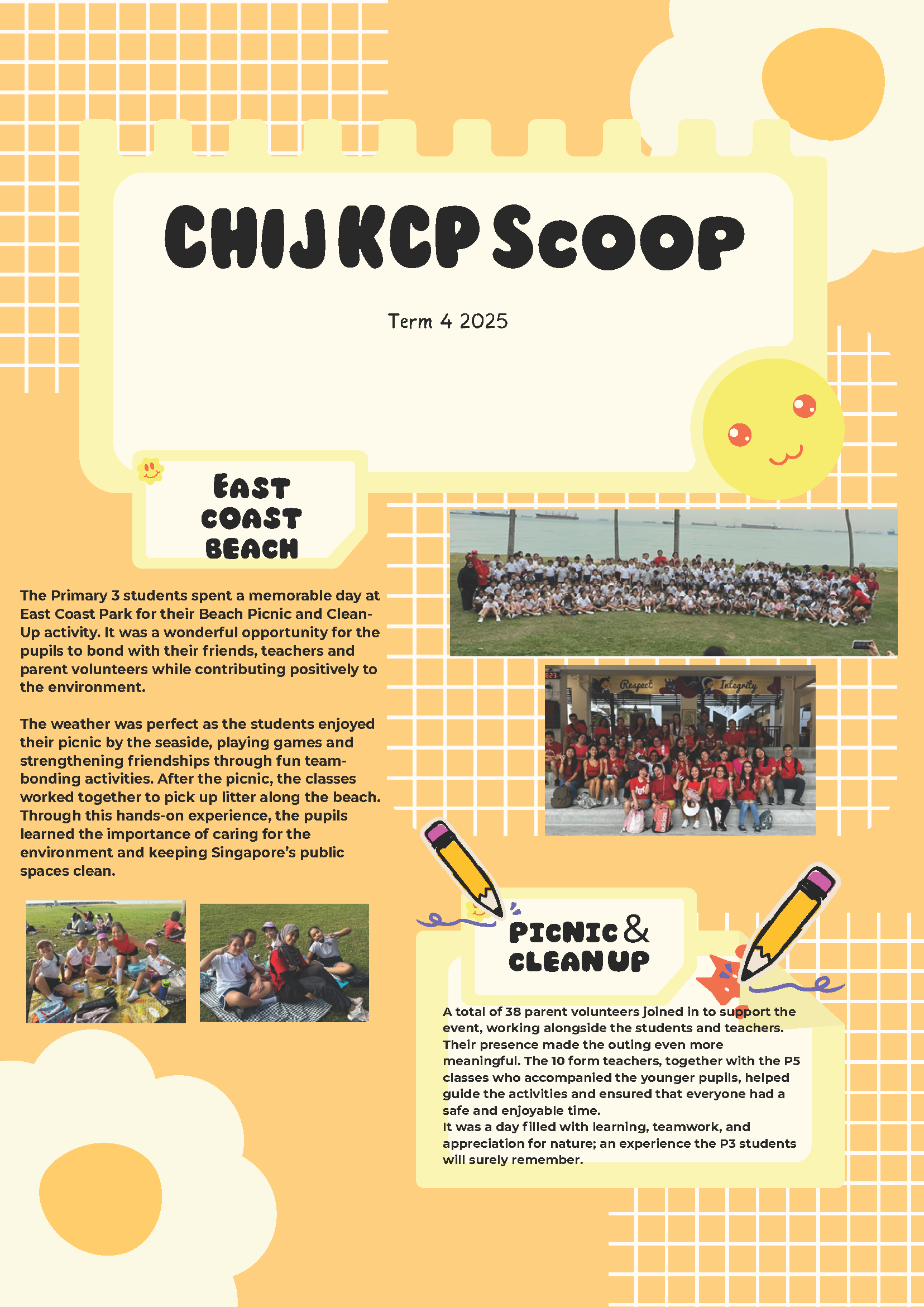 Yellow school newsletter titled CHIJ KCP Scoop Term 4 2025 featuring East Coast Beach picnic and clean-up event photos.