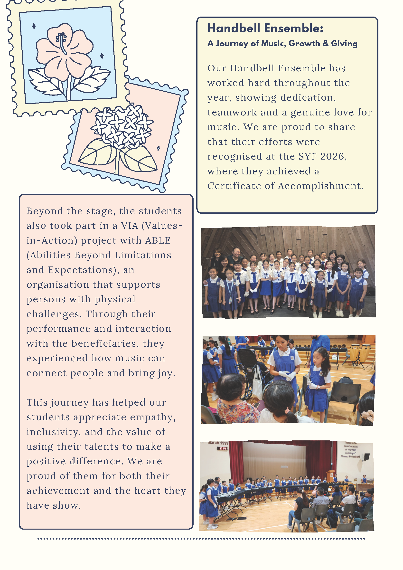 Newsletter page about a school Handbell Ensemble with three photos of students in blue uniforms performing and posing.