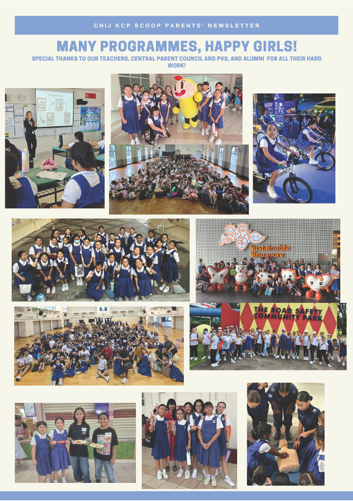 School newsletter collage showing girls in uniforms at various activities including cycling, road safety park, and group events.