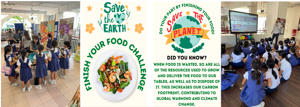 School students at a food waste awareness event with Save the Earth and Save the Planet posters about finishing food.