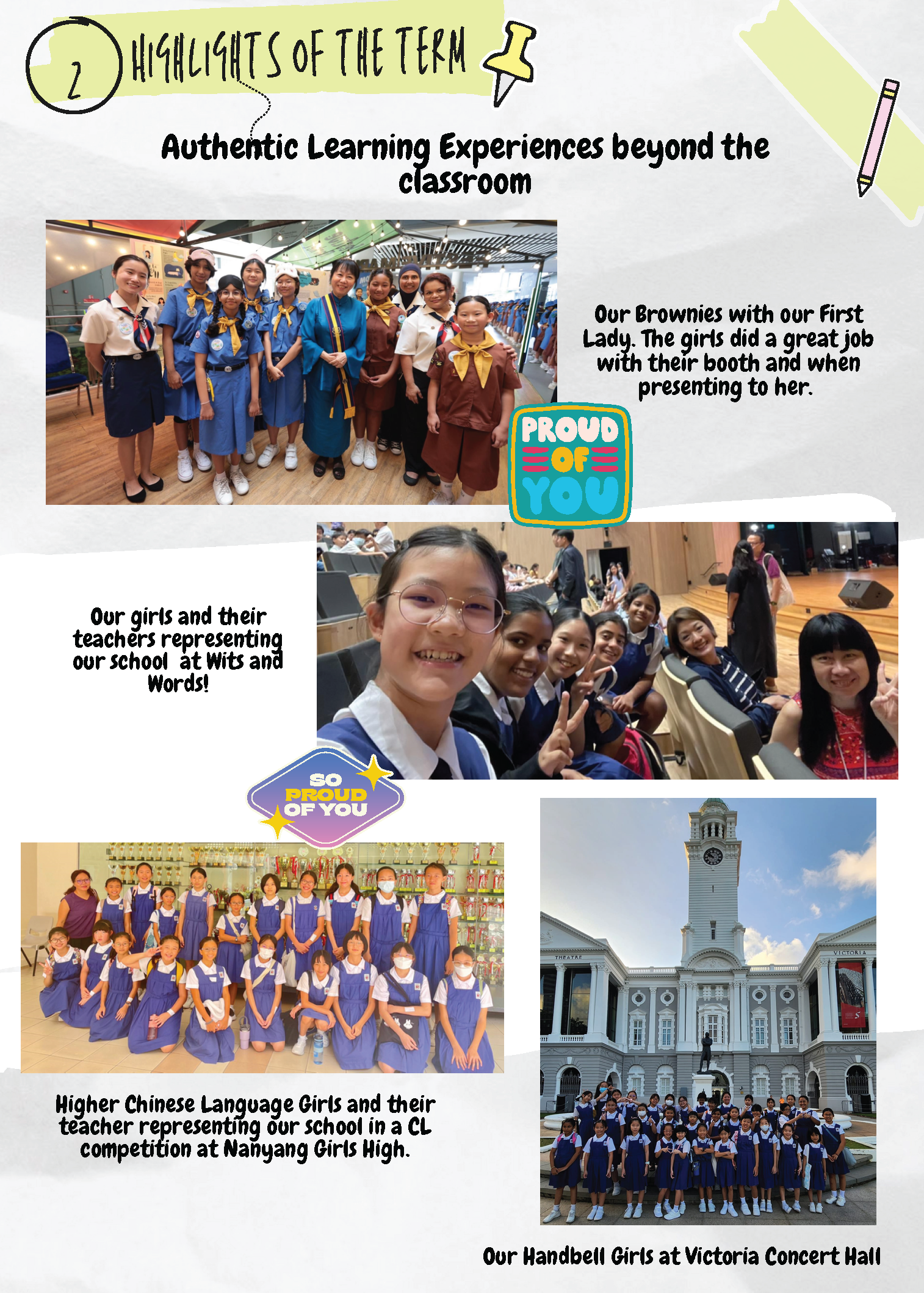 School newsletter page showing girls in uniform at various events including Brownies, a competition, and Victoria Concert Hall.