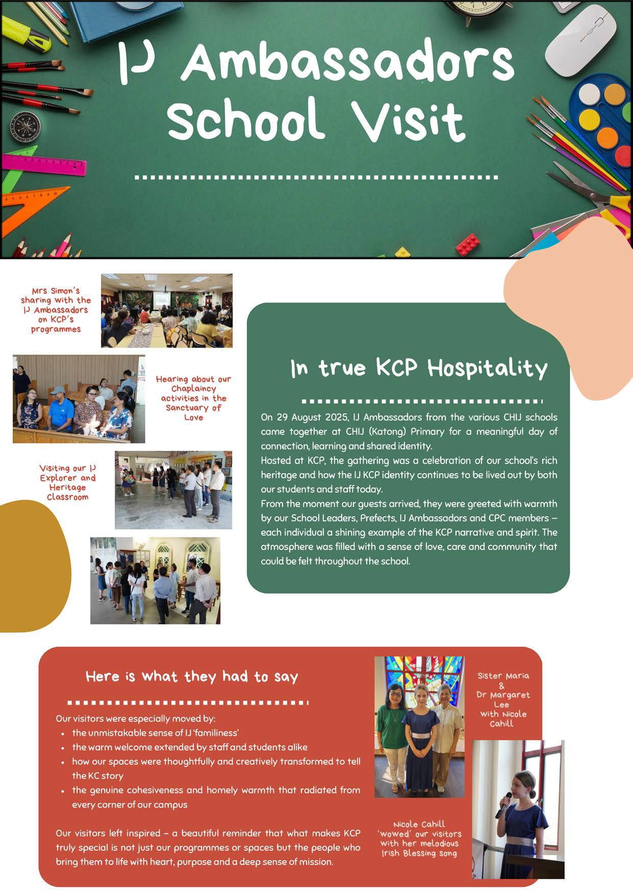 Newsletter titled IJ Ambassadors School Visit with photos of visitors touring CHIJ Katong Primary school.