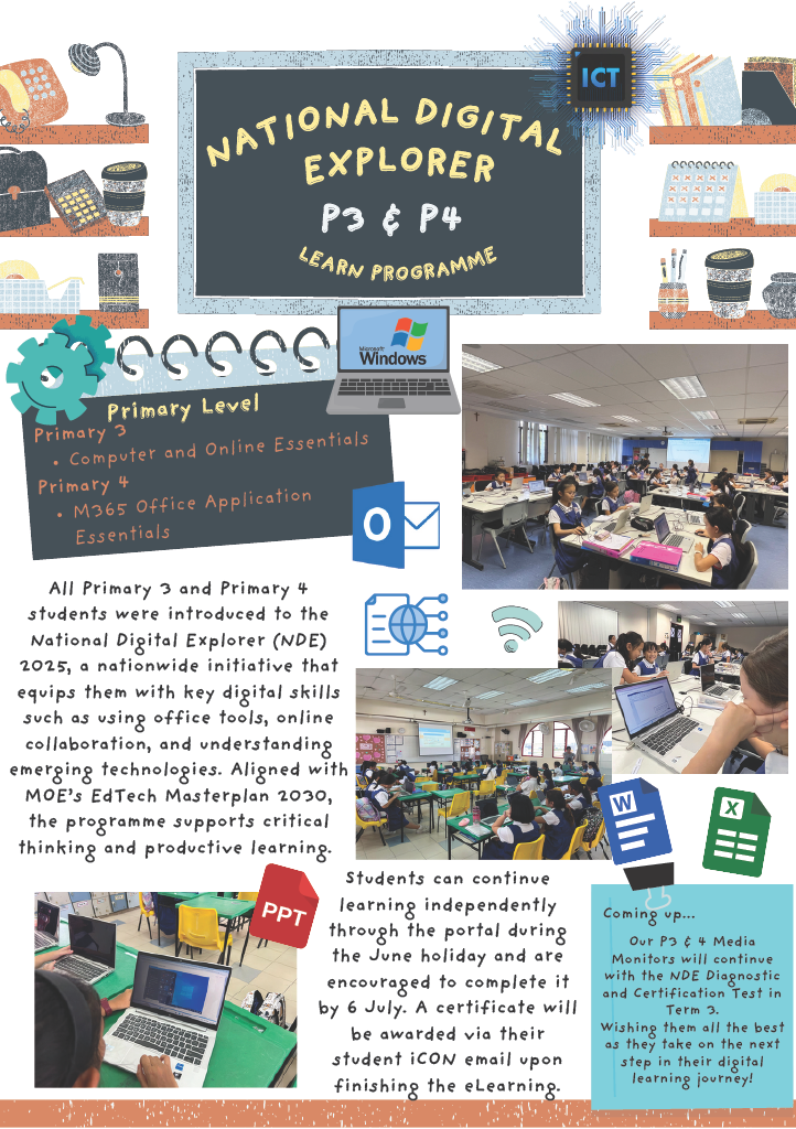 Flyer for National Digital Explorer P3 and P4 Learn Programme with text, icons, and classroom photos of students.