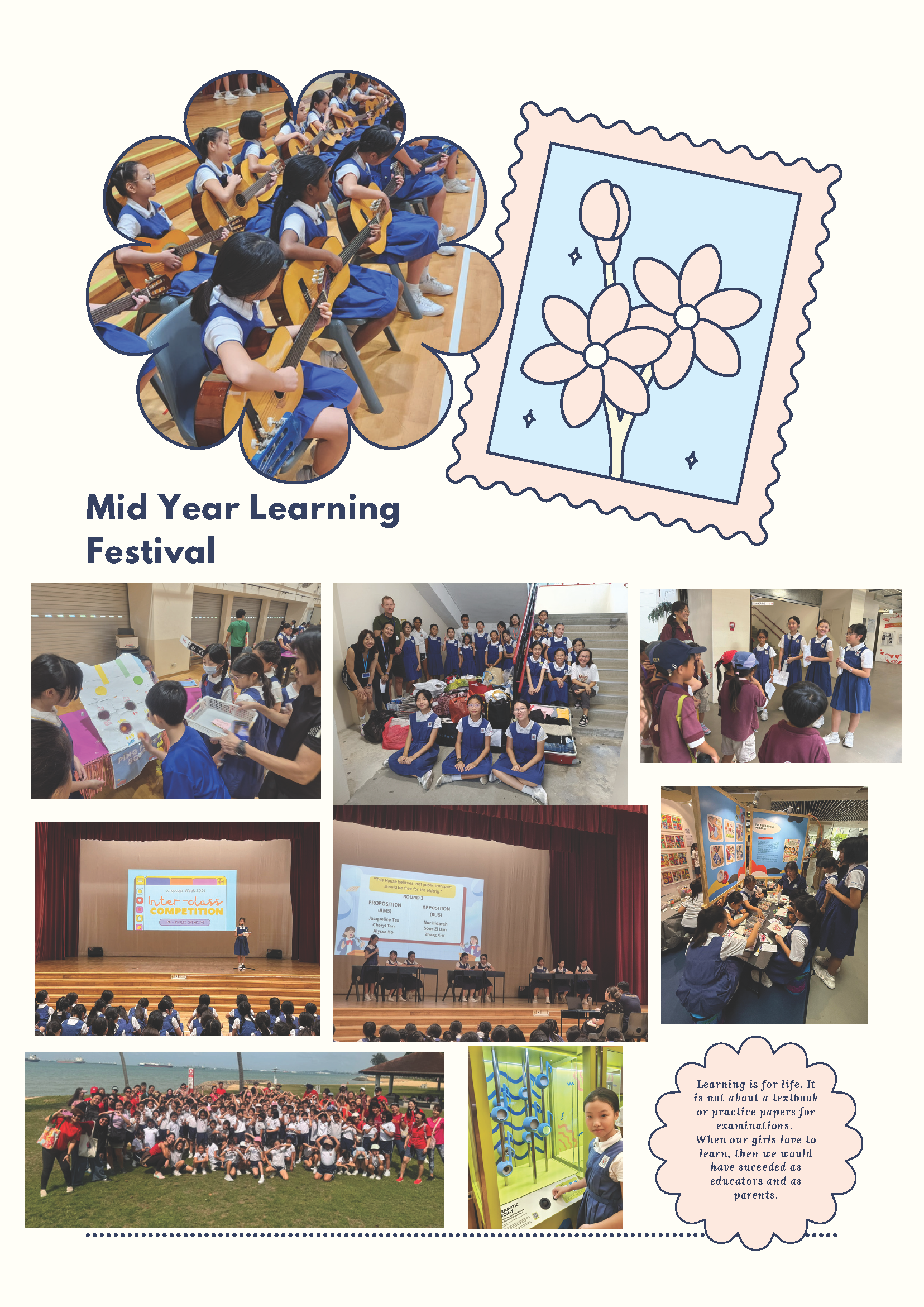 Collage of school girls in blue uniforms at a Mid Year Learning Festival, playing guitars, debating, and on outings.