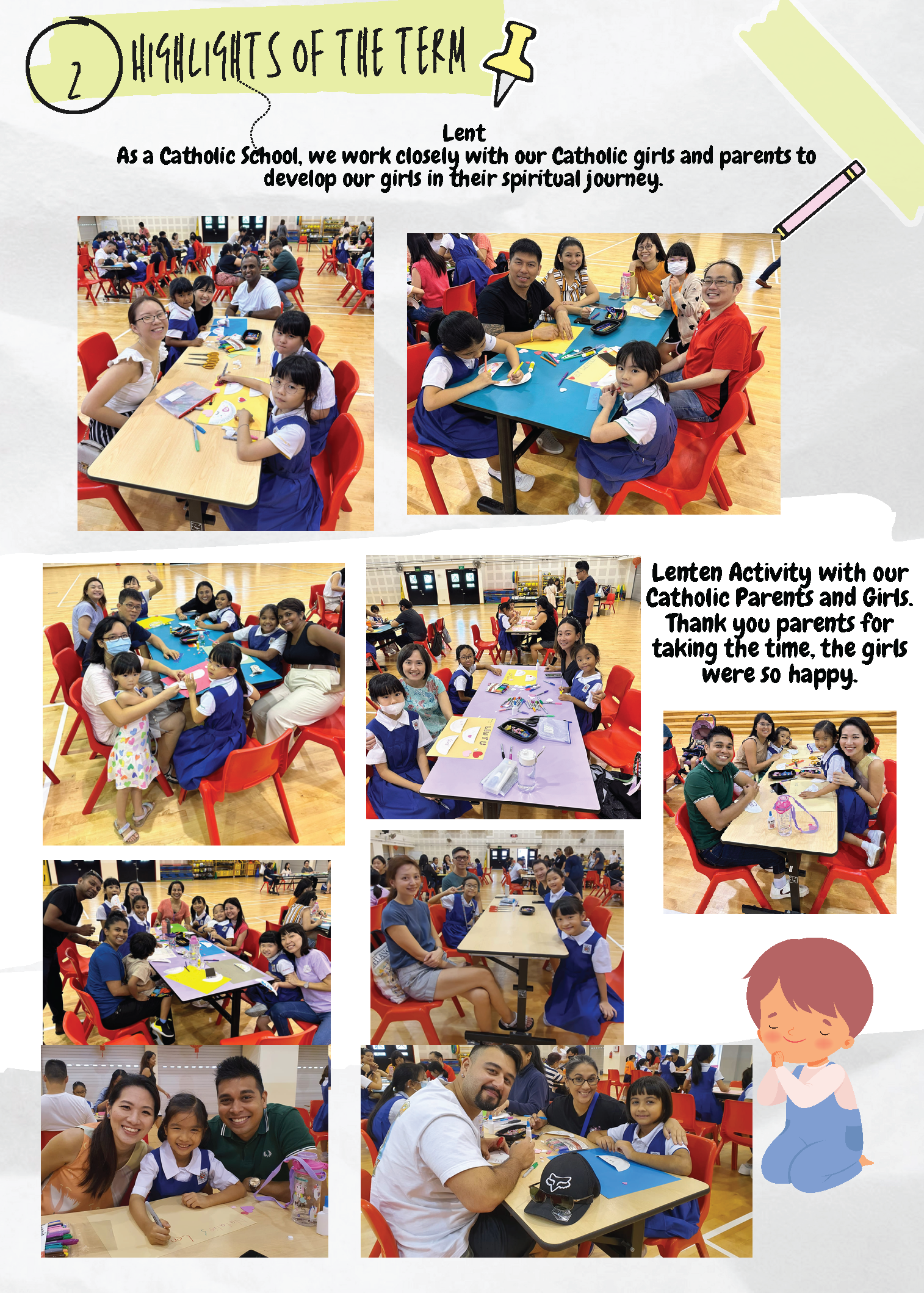 A school newsletter page titled "Highlights of the Term" showing multiple photos of students and parents doing Lenten activities together.