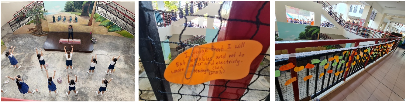 Three school scenes: children exercising outdoors, a handwritten pledge note on a fence, and a decorated hallway railing.