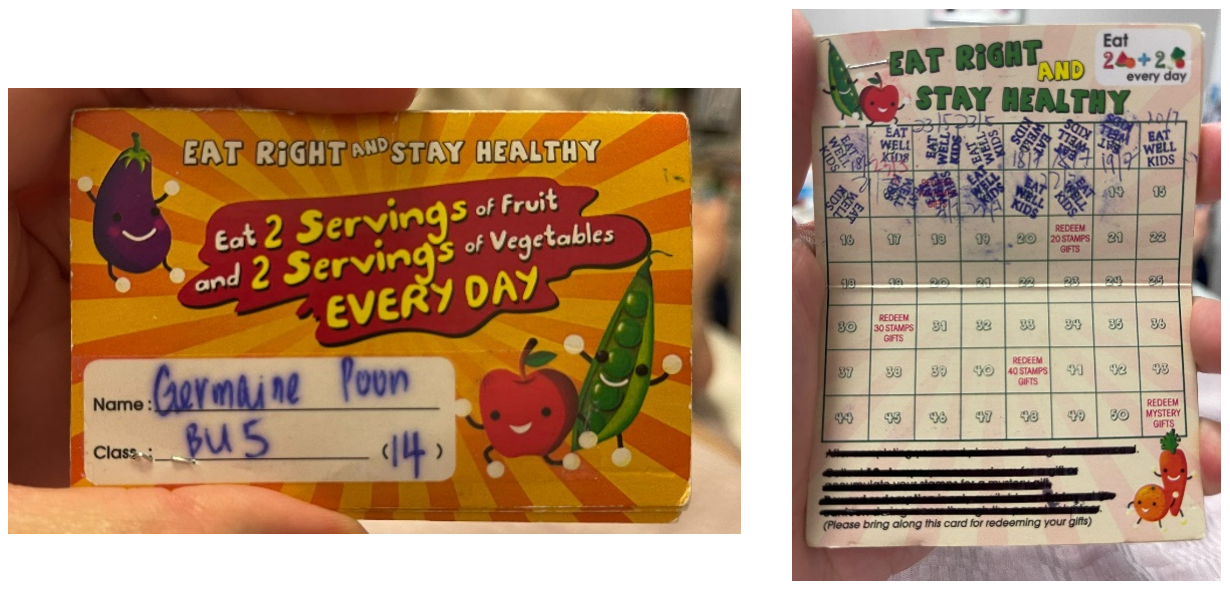 Front and back of a kids healthy eating stamp card reading "Eat Right and Stay Healthy" with a name written on it.