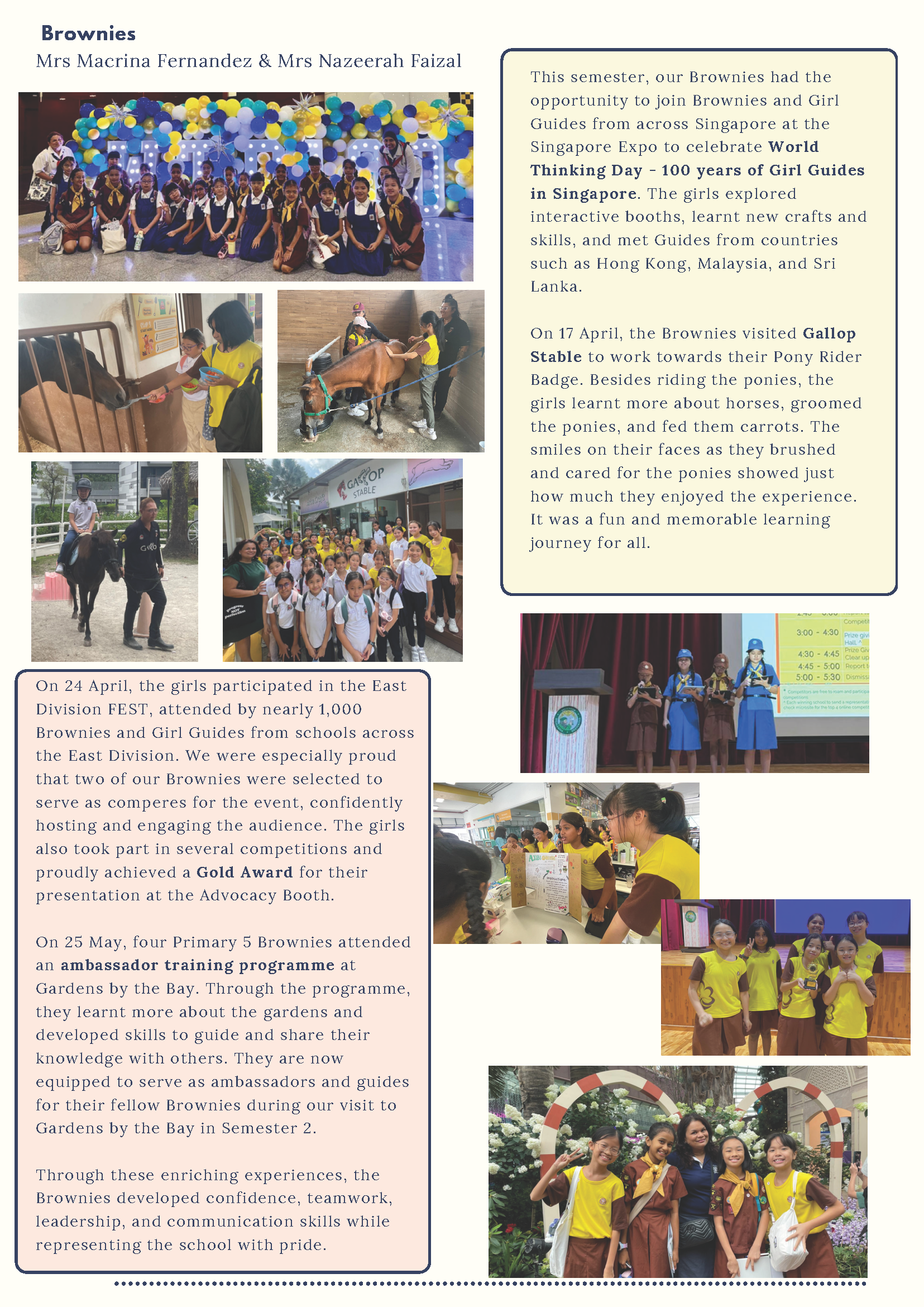 A newsletter page about Brownies activities featuring photos of girls with ponies, at events, and group celebrations.