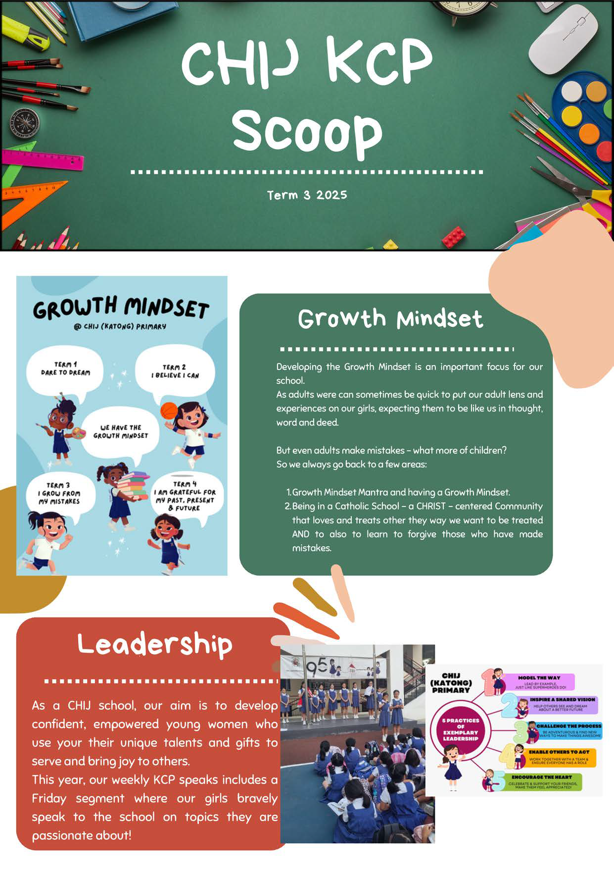 School newsletter titled CHIJ KCP Scoop Term 3 2025 featuring Growth Mindset and Leadership sections with text and illustrations.