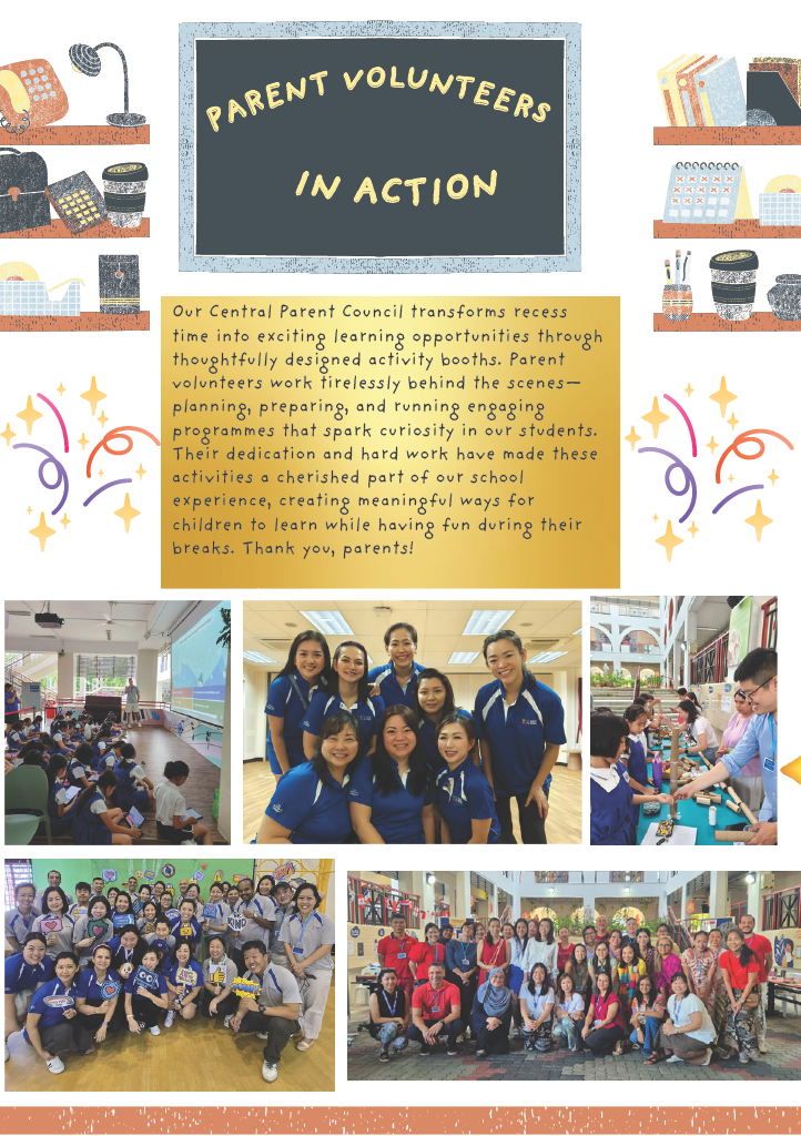 Flyer titled Parent Volunteers in Action with group photos of parent volunteers in blue shirts at school events.