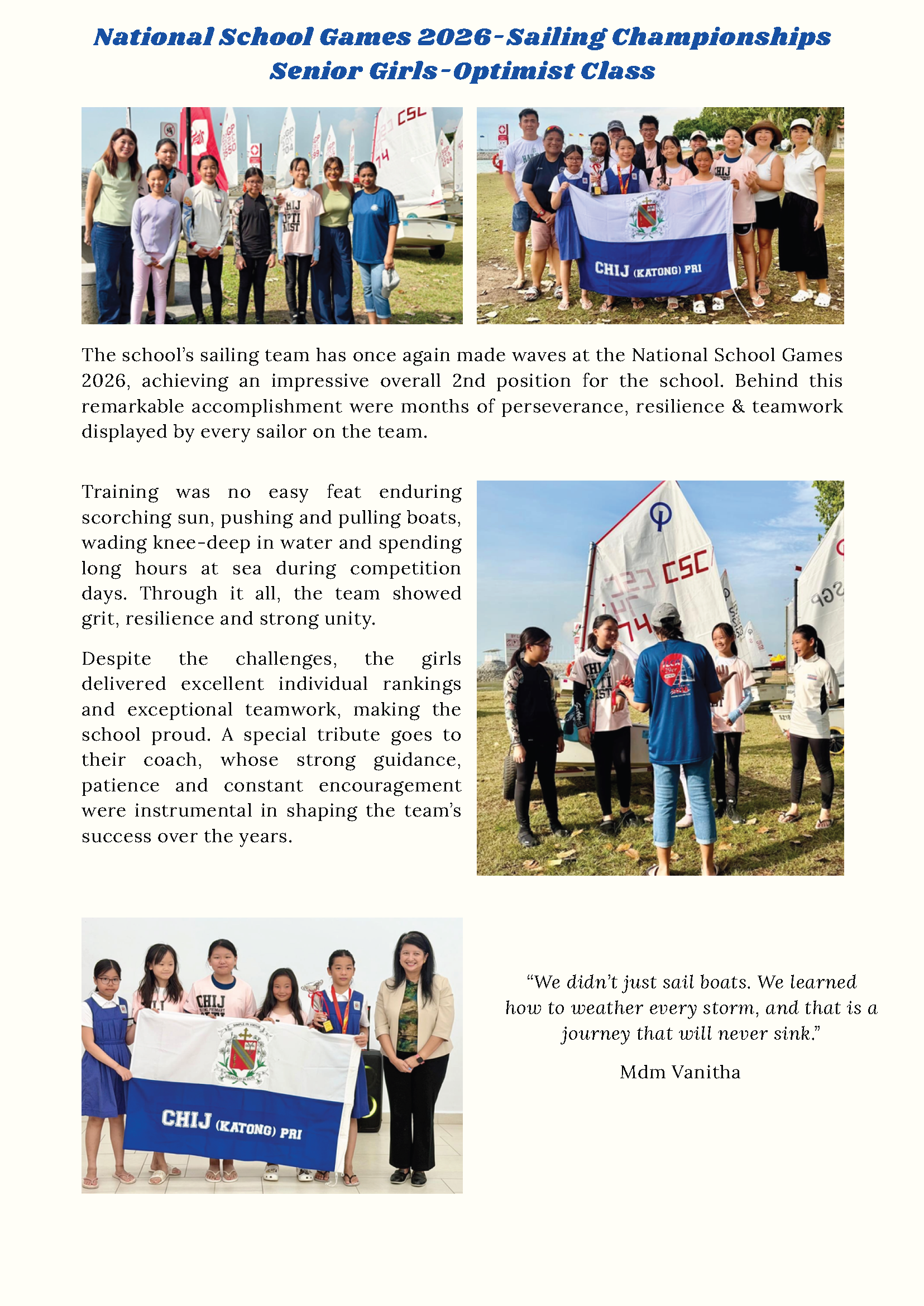 Flyer for National School Games 2026 Sailing Championships showing CHIJ Katong Pri girls team with coaches and sailboats.