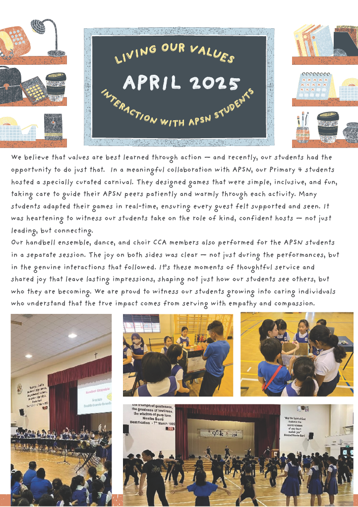 School newsletter titled "Living Our Values April 2025" with photos of students at a carnival and performing on stage.