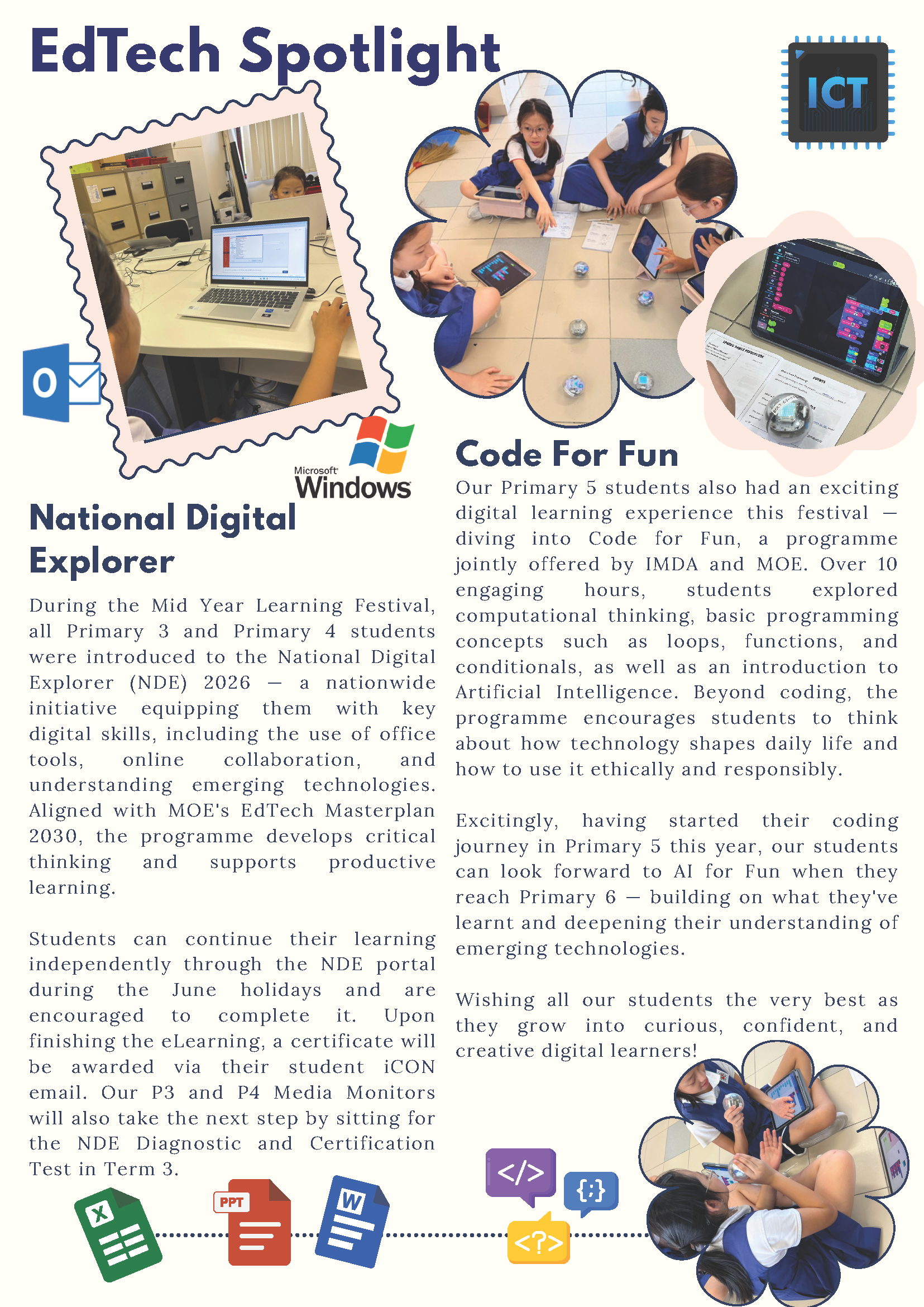 EdTech Spotlight newsletter featuring students using laptops and tablets, with text about National Digital Explorer and Code For Fun programs.