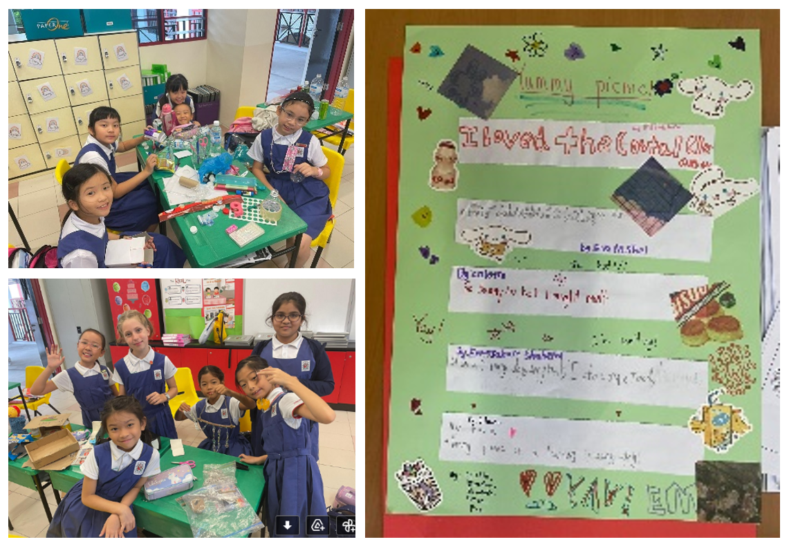 Two groups of young girls in school uniforms sit at classroom tables beside a handmade green poster titled Yummy Picnic.