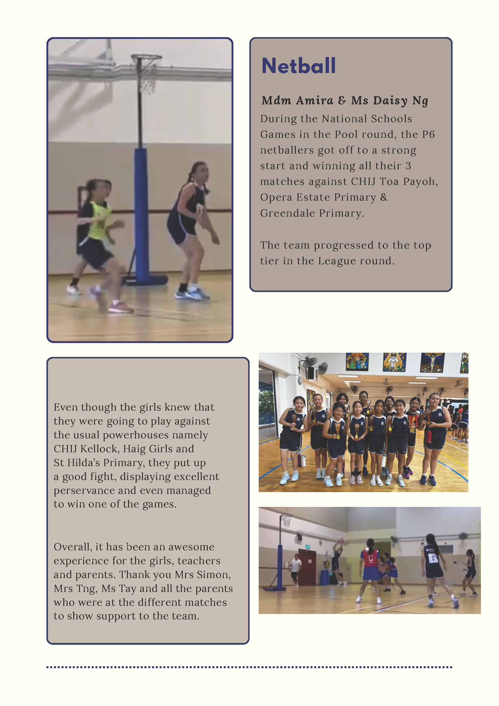 School netball newsletter with three photos of girls playing and posing, alongside text about National Schools Games results.