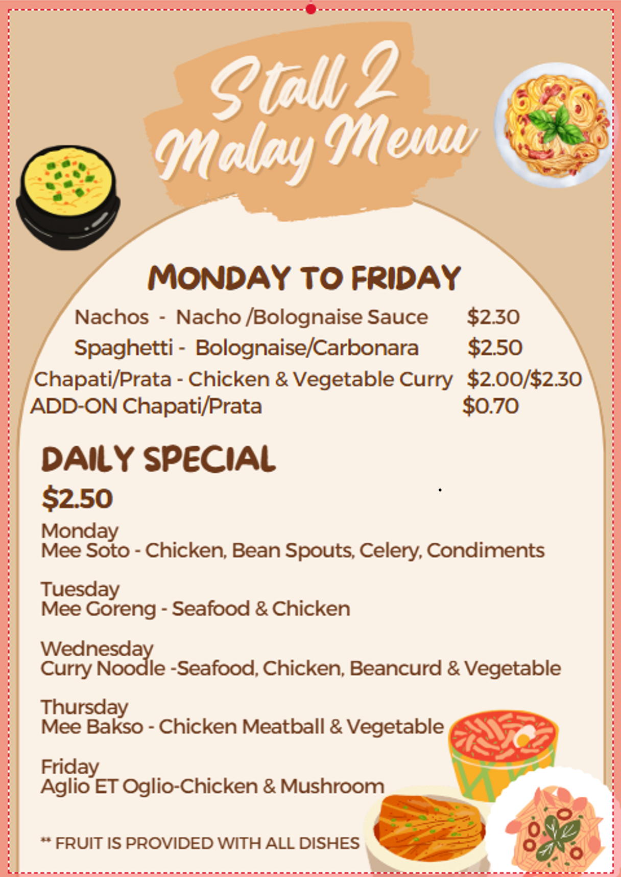 Stall 2 Malay Menu showing weekday meals and daily specials priced from $2.00 to $2.50 with food illustrations.