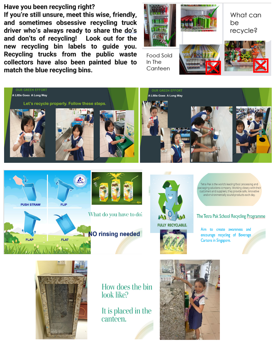 A school recycling guide showing children sorting waste, Tetra Pak carton folding steps, and canteen recycling bin photos.