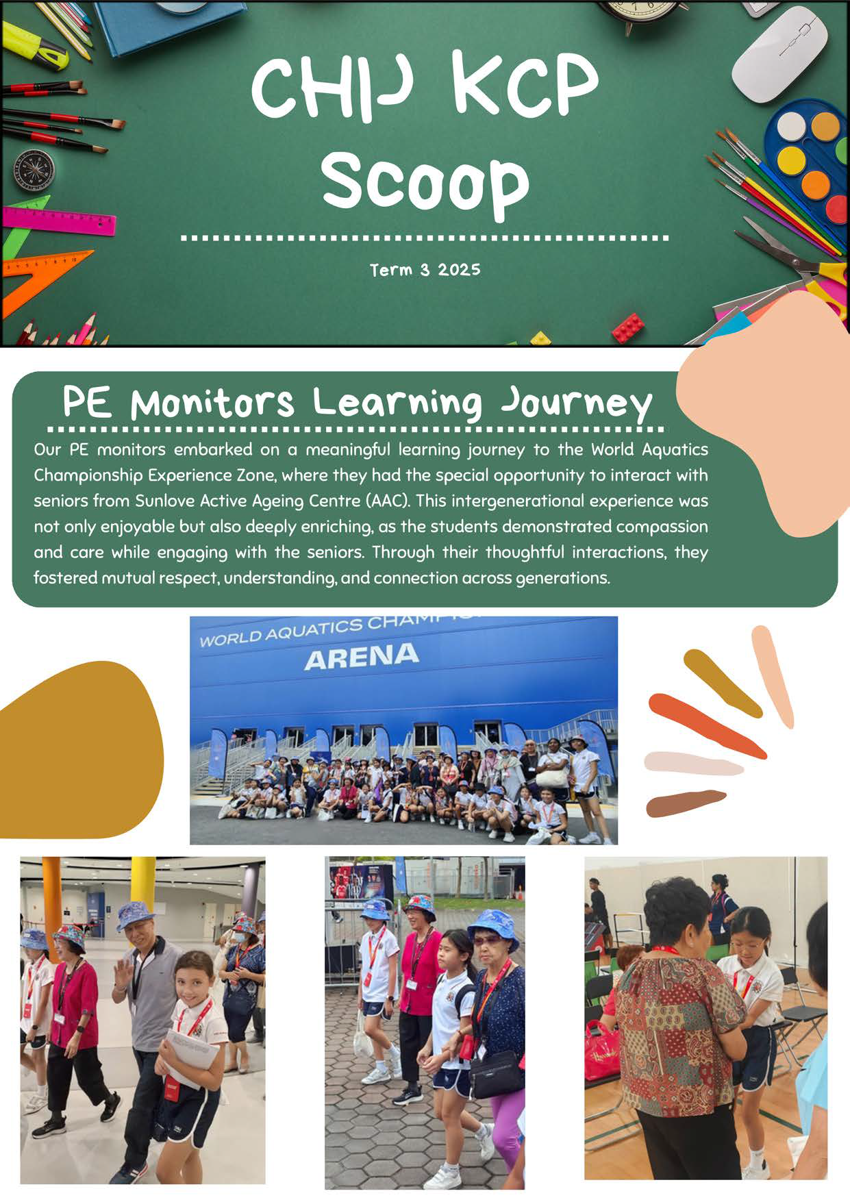 School newsletter titled CHIJ KCP Scoop Term 3 2025, featuring students on a learning journey at World Aquatics Championship Arena.