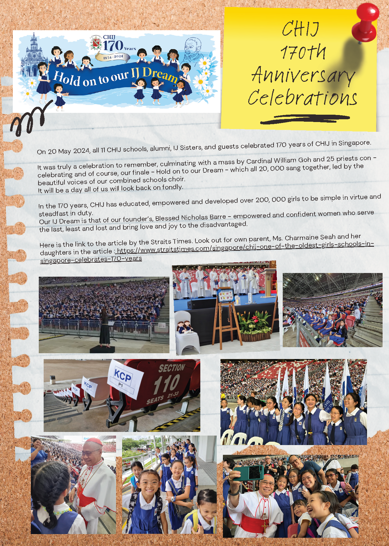 A bulletin board flyer for CHIJ 170th Anniversary Celebrations with photos of students, priests, and event crowds.